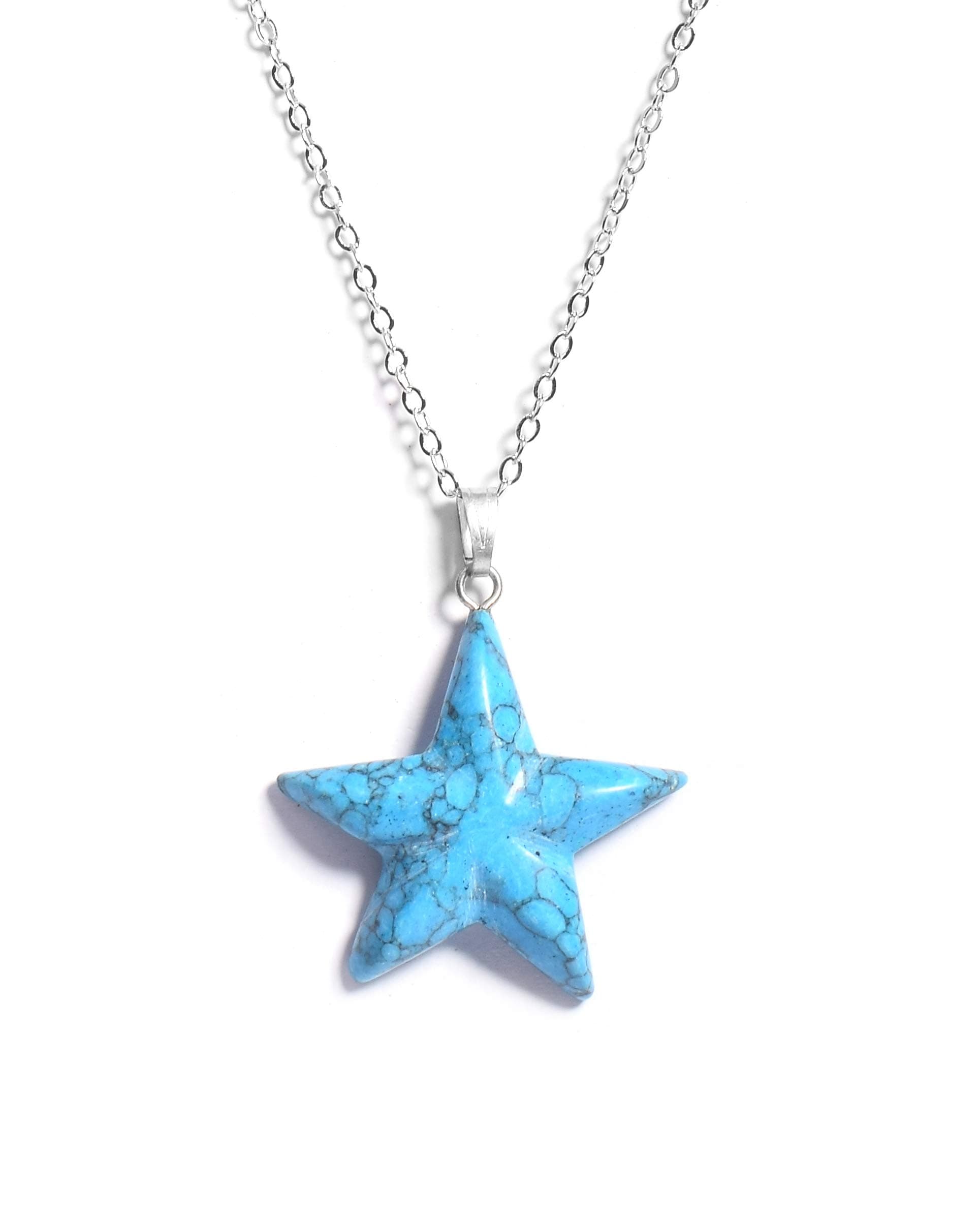 Certified Natural Turquoise Gemstone Star Silver Chain Pendant Necklace for Women, Blue