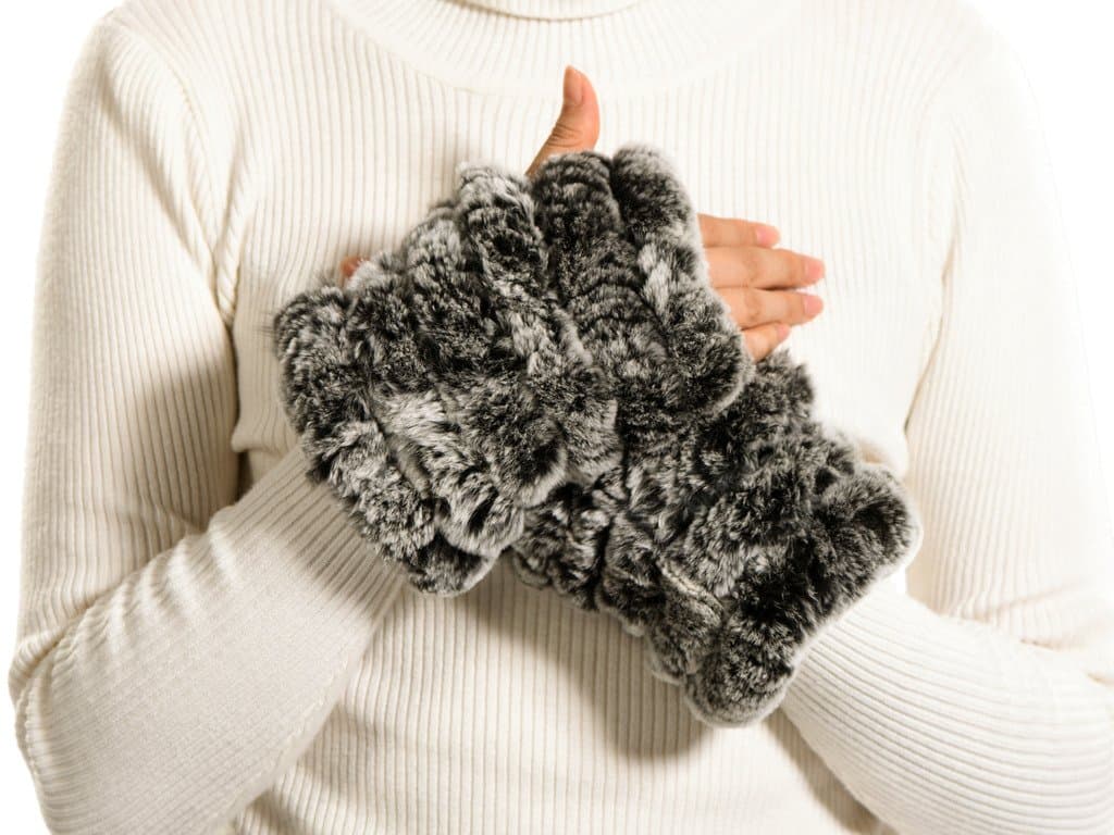 Women's Rex Rabbit Fur Six Bands Fingerless Knit Gloves Grey Snow-top