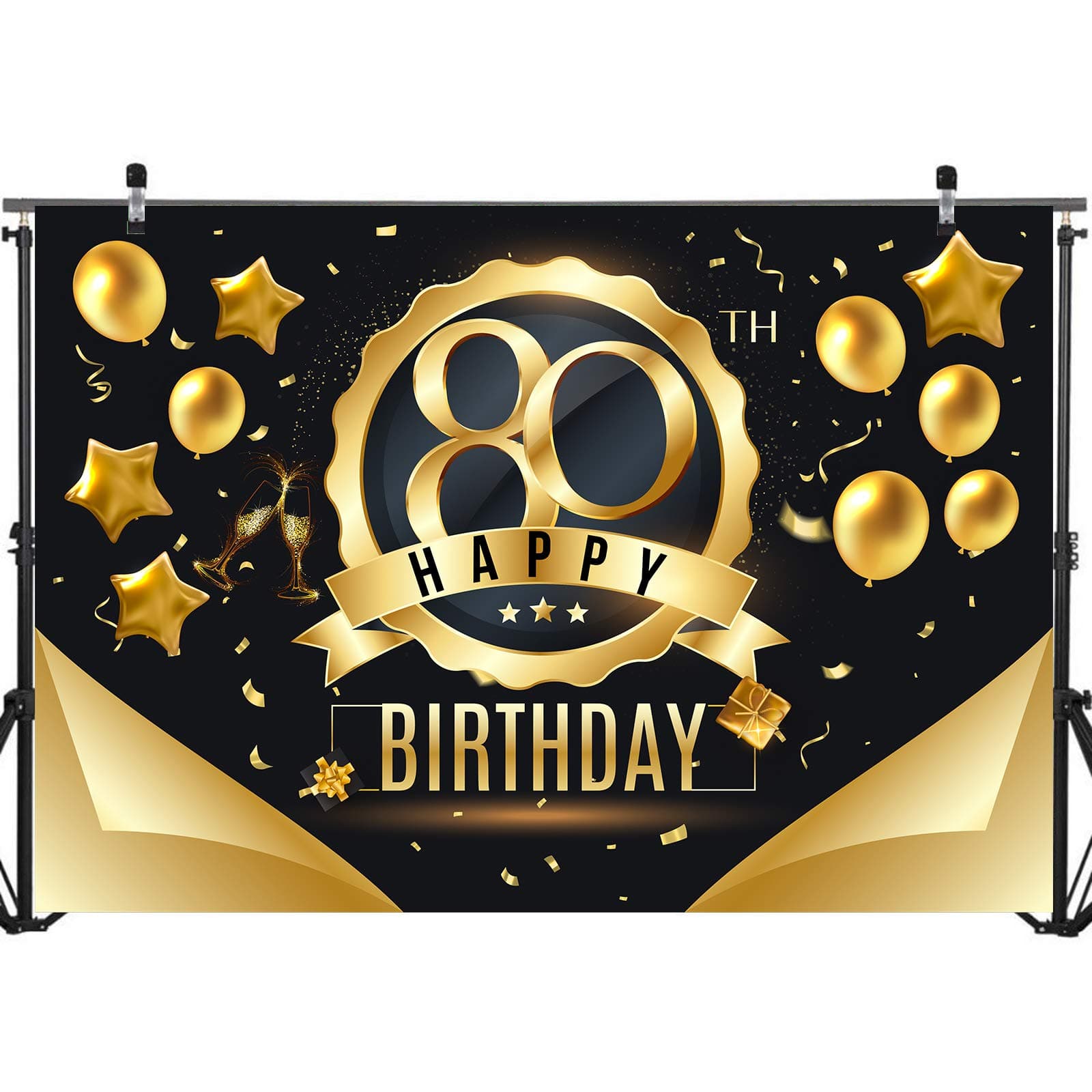 Happy 80th Birthday Backdrop for Men Women | 80 Birthday Backdrop Background Banner 80th Anniversary Backdrop | Happy 80th Birthday Photo Backdrop Banner Wall Decorations Black and Gold 71 x 49 inch