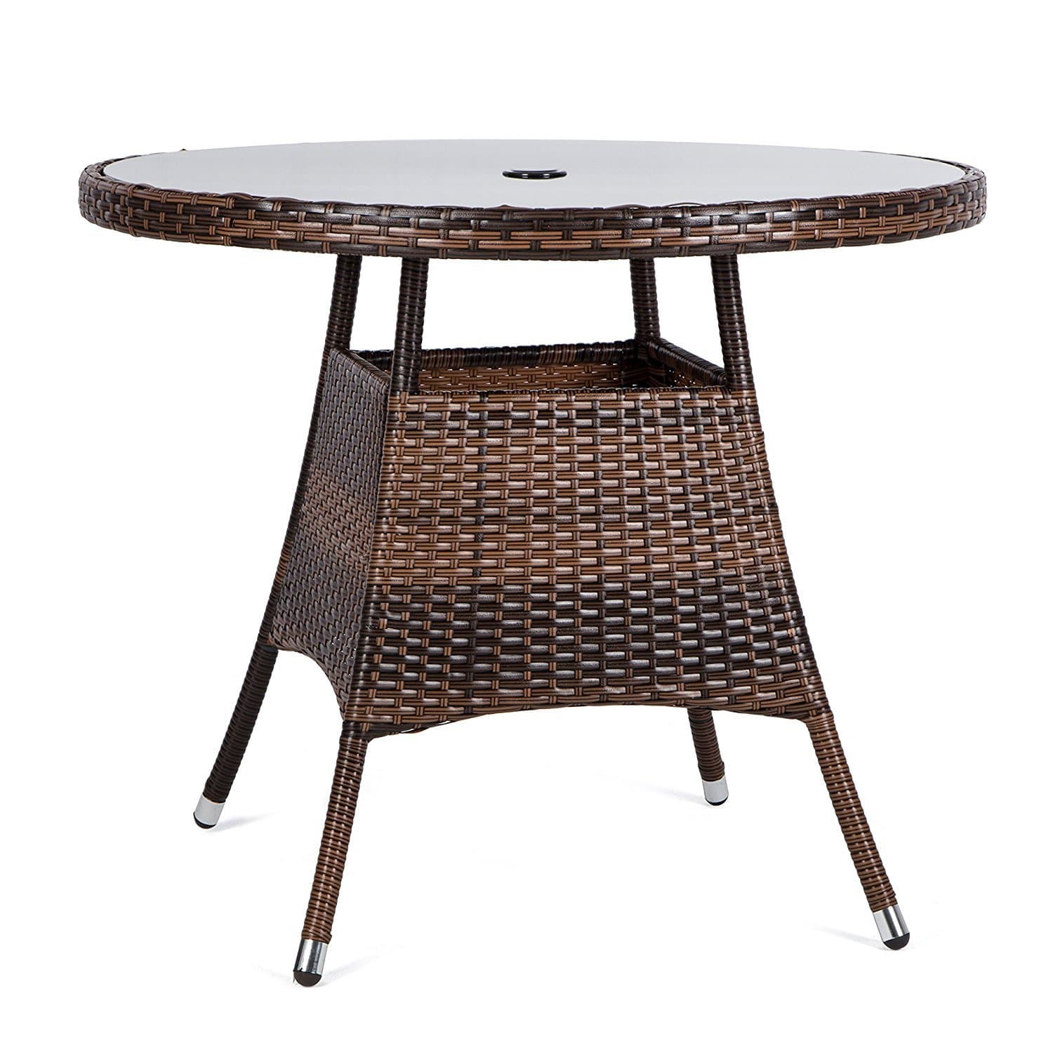 KELIXU Patio Outdoor Wicker Rattan Dining Table Tempered Glass Top Umbrella Stand Table, Chocolate (Round)