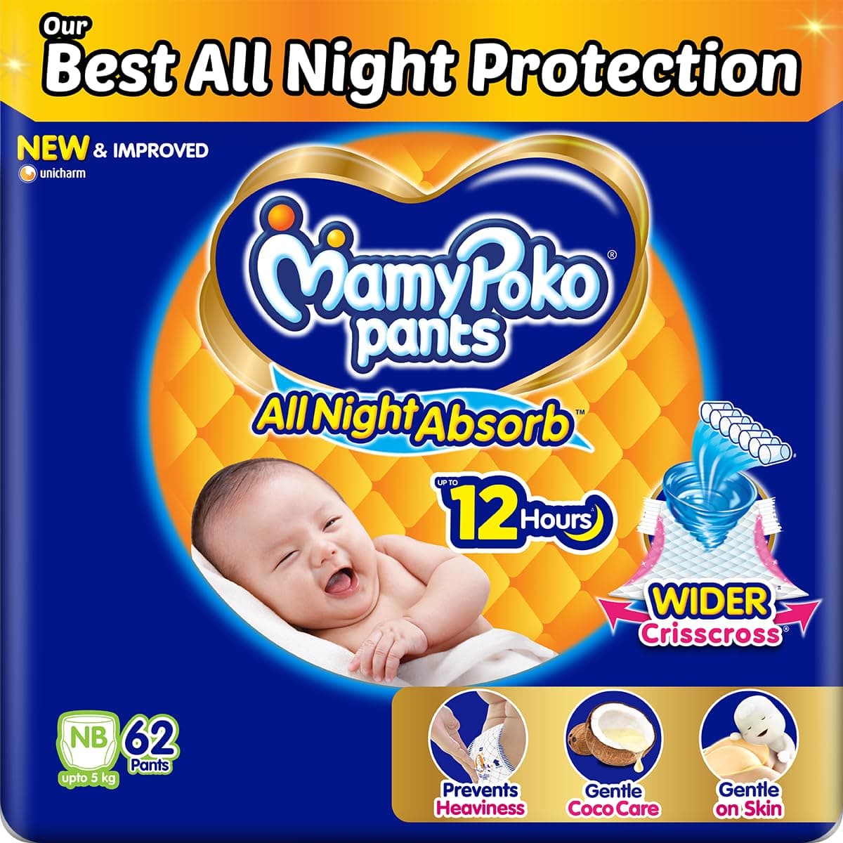 Mamypoko pants All Night AbsorbPant Style Baby Diapers New Born Size/X-Small, 62 Count, Ideal for upto 5Kgs+50% wider & repeated absorption 12hr protection from leakage, prevents heaviness