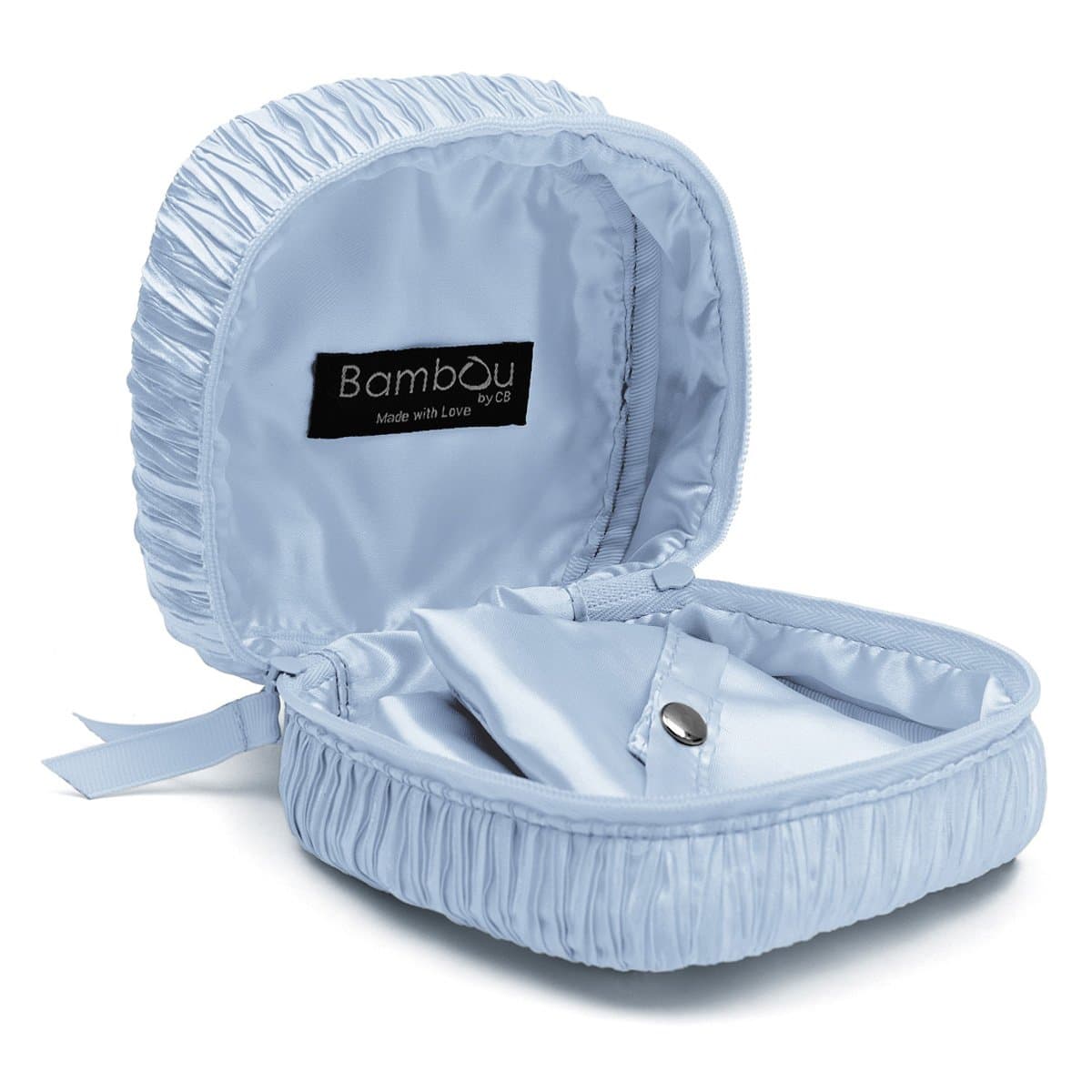 Jewelry Pouch by Bambou, Organizer for handbag purse or travel luggage, Individual compartments for your valuable earrings, rings, necklaces. Hand pleated fabric (Sky)
