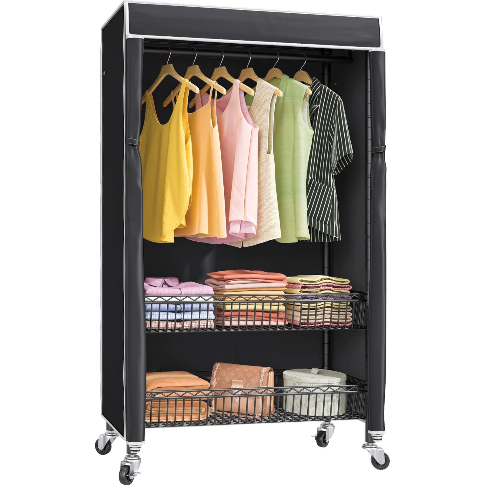 VIPEK Rolling Garment Rack with Cover and Wheel, Heavy Duty Rolling Clothes Rack with Cover, Covered Clothes Rack for Hanging Clothes Black Metal Rolling Clothing Rack with Basket Black Cover