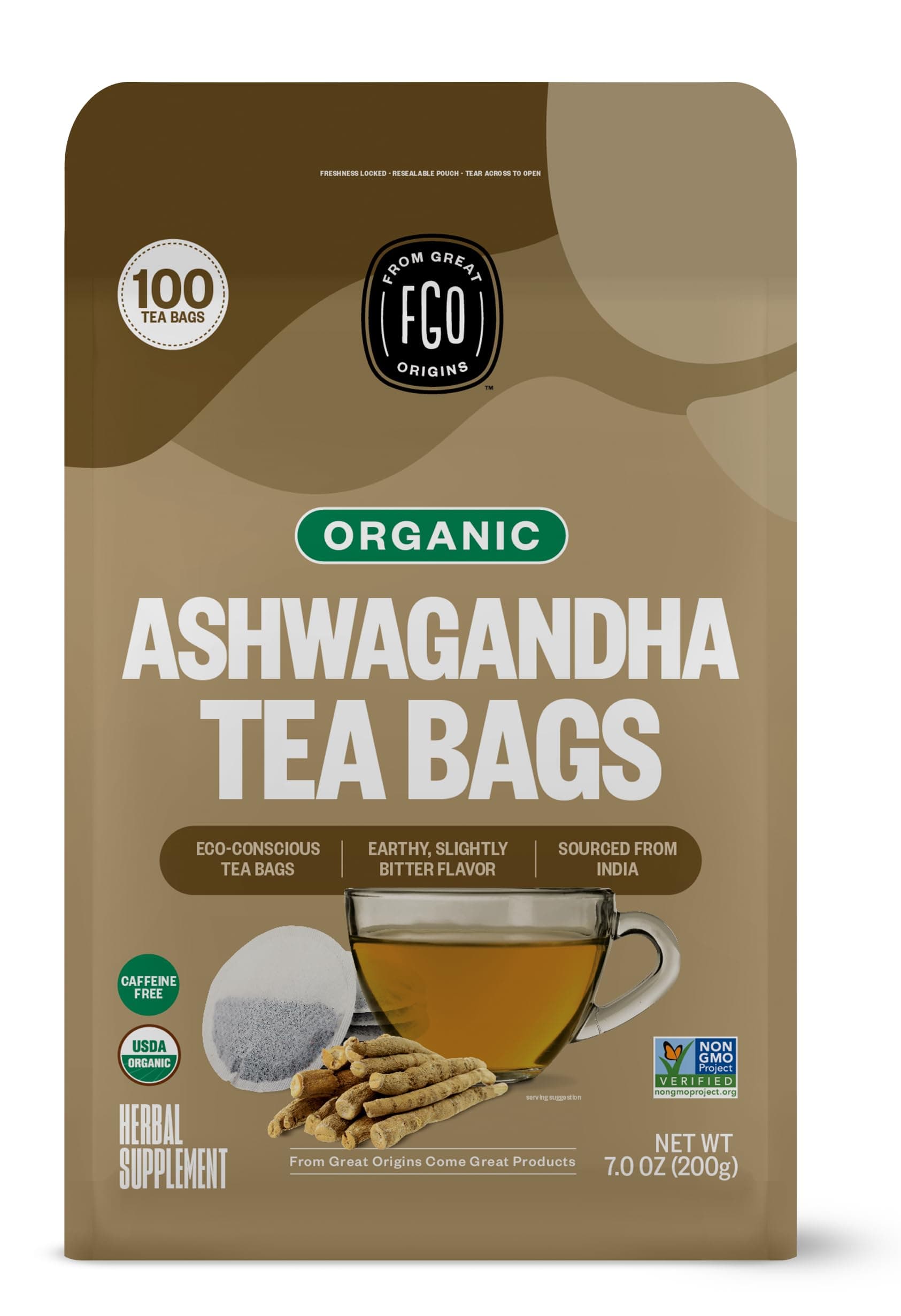Organic Ashwagandha Tea, 100 Count, Eco-Conscious Herbal Tea Bags, Resealable Bag, Caffeine Free, Packaging May Vary (Pack of 1)