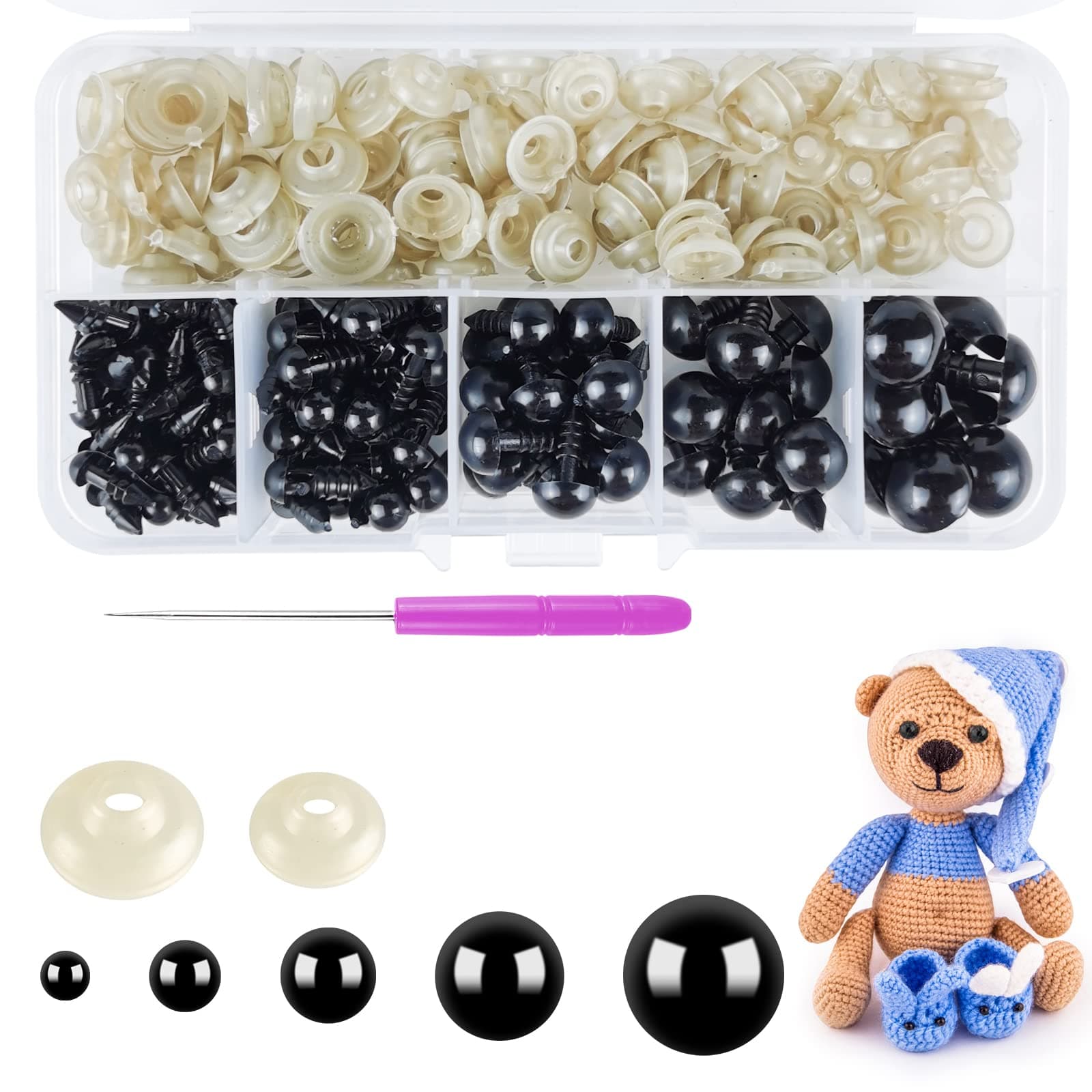 220PCS Safety Eyes for Crochet Toys Black Crochet Eyes 5-12mm Teddy Bear Eyes Plastic Eyes for Crochet Toys with Washers for Crocheted Animals Doll Puppet Plush Toy