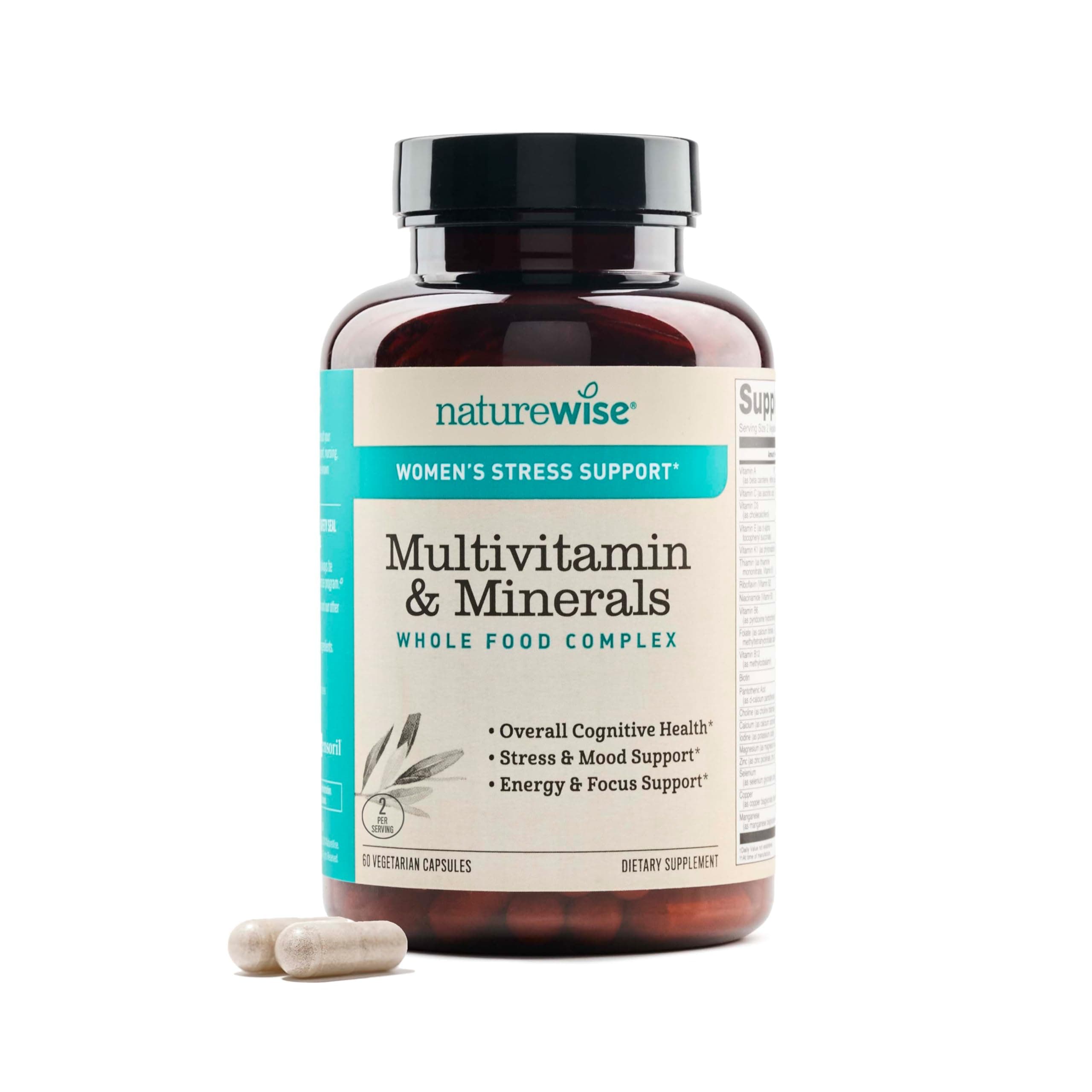 NatureWise Multivitamin for Women + Stress Support with Organic Whole Foods & Natural Minerals - B-Complex + Vitamin C + D3 K2 for Immunity, Hair, Skin & Nails - Non-GMO - 60 Capsules[30-Day Supply]