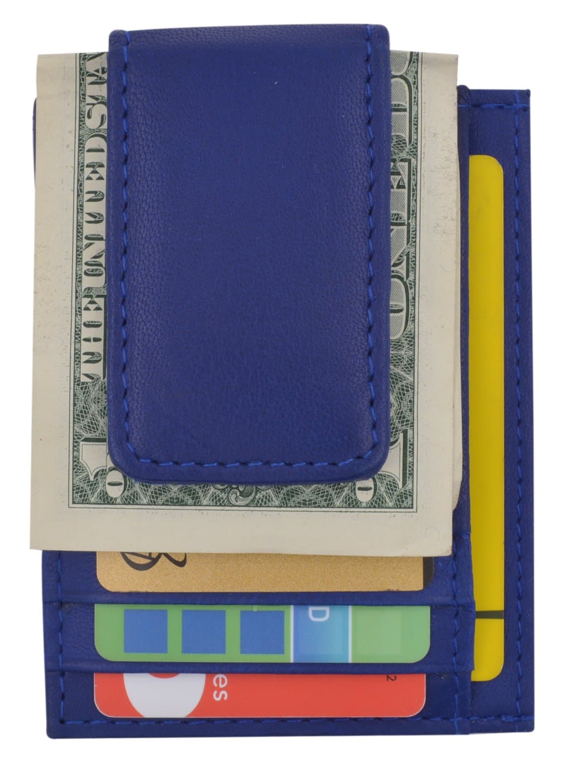 Genuine Leather Money Clip front pocket wallet with magnet clip and card ID Case (Blue)