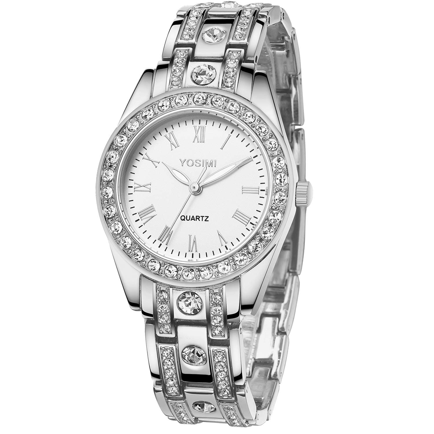 YOSIMI Womans Quartz Watch Waterproof Wristwatches for Women Diamond Bracelet Luminous Hands Easy Read Big Numbers