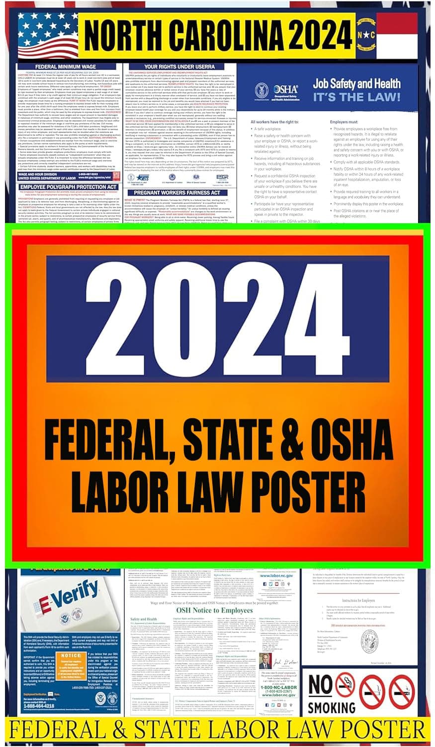2025 North Carolina (NC) State Labor Law Poster - State, Federal and OSHA Compliant Laminated Poster - Ideal For Posting In The Workplace - Perfect For Common Rooms And Cafeterias