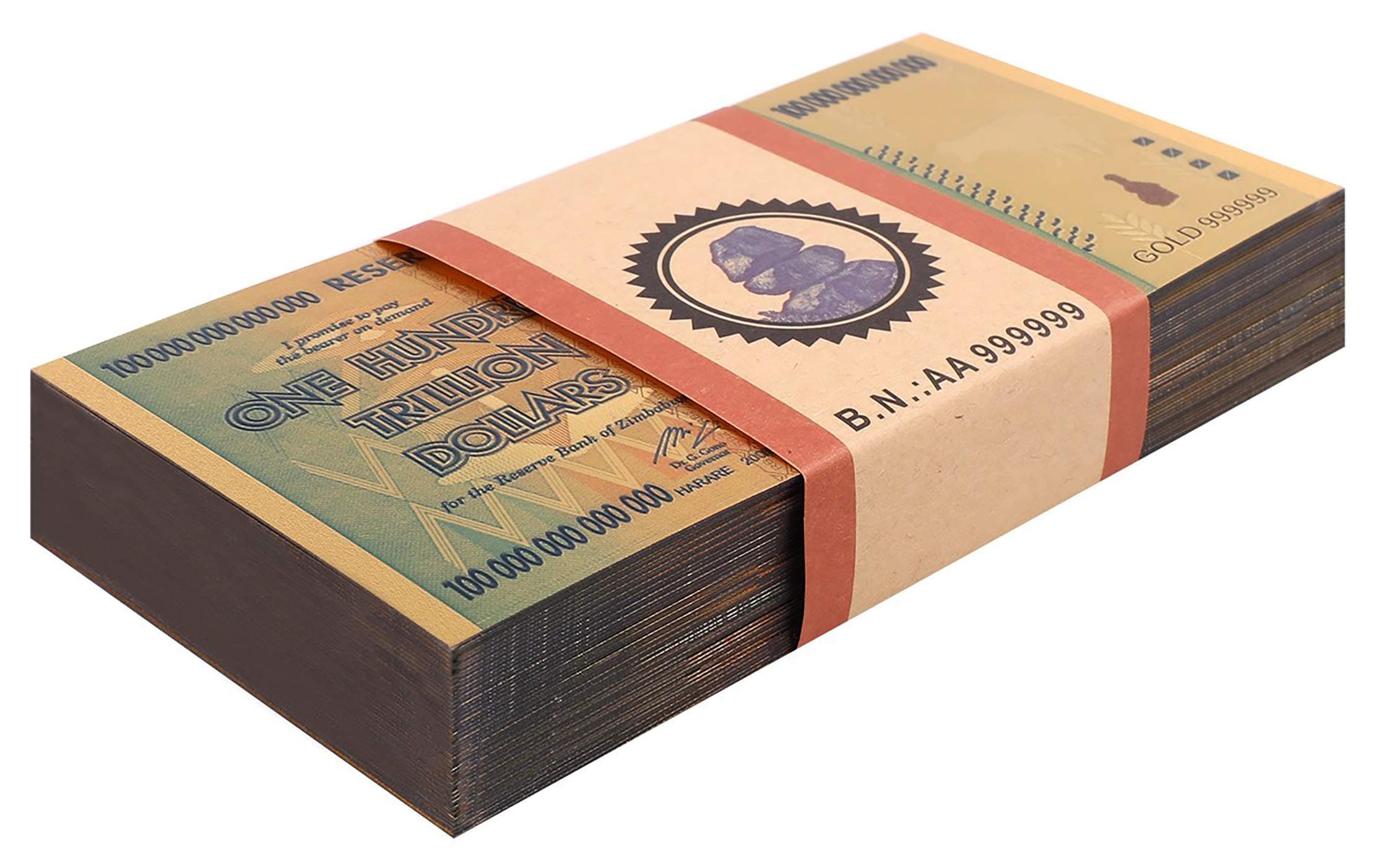 50X Zimbabwe 100 Trillion Dollars Gold Plated X 50 Pieces (PCS), Gold/2008, P-91, UNC, with Rock COA, Gold-Blue