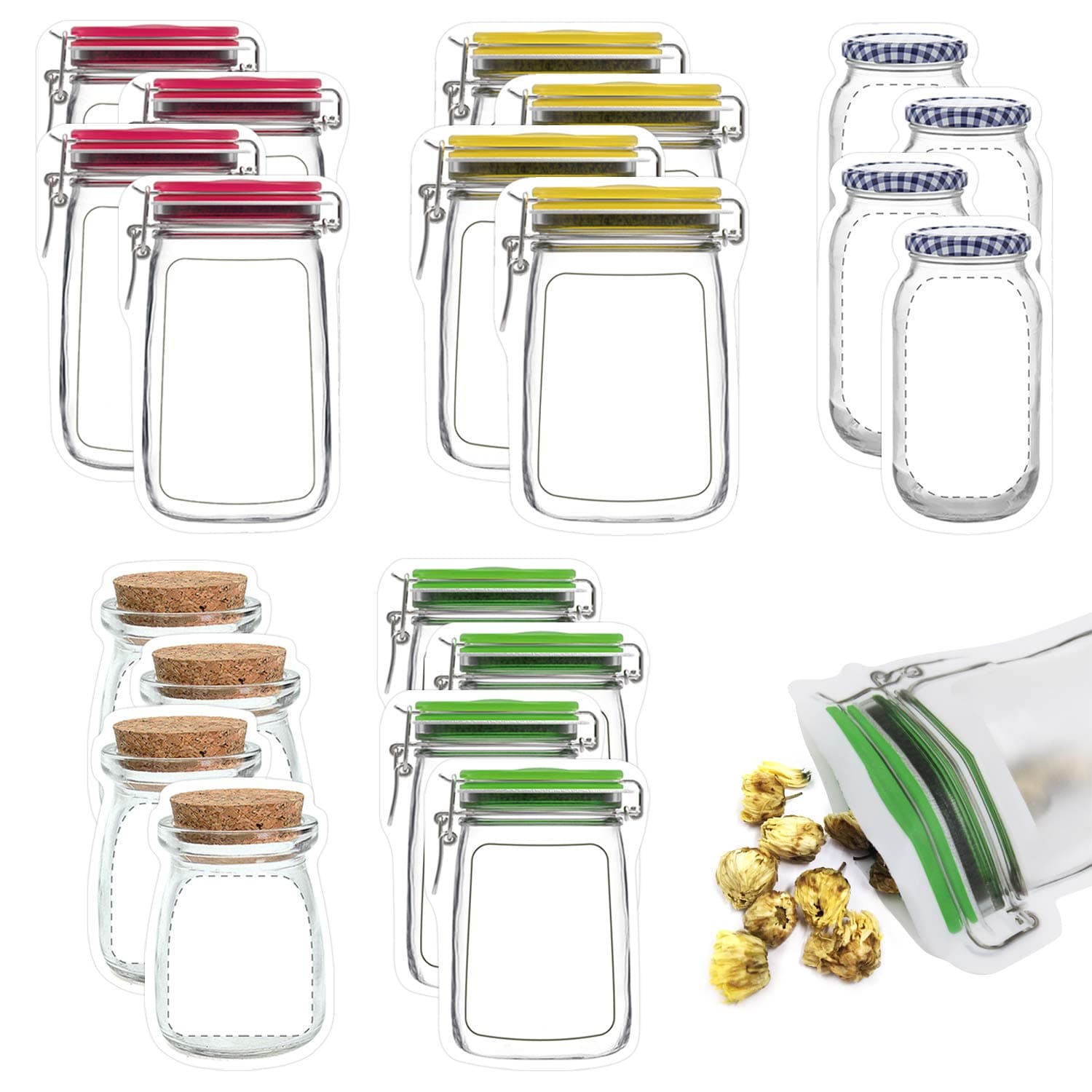20 Pack Mason Jar Zipper Bags, Food Storage Snack Sandwich Zipper Bags, Reusable Airtight Seal Food Storage Bags, Leak-Proof Food Saver Bags for Travel Camping and Kids