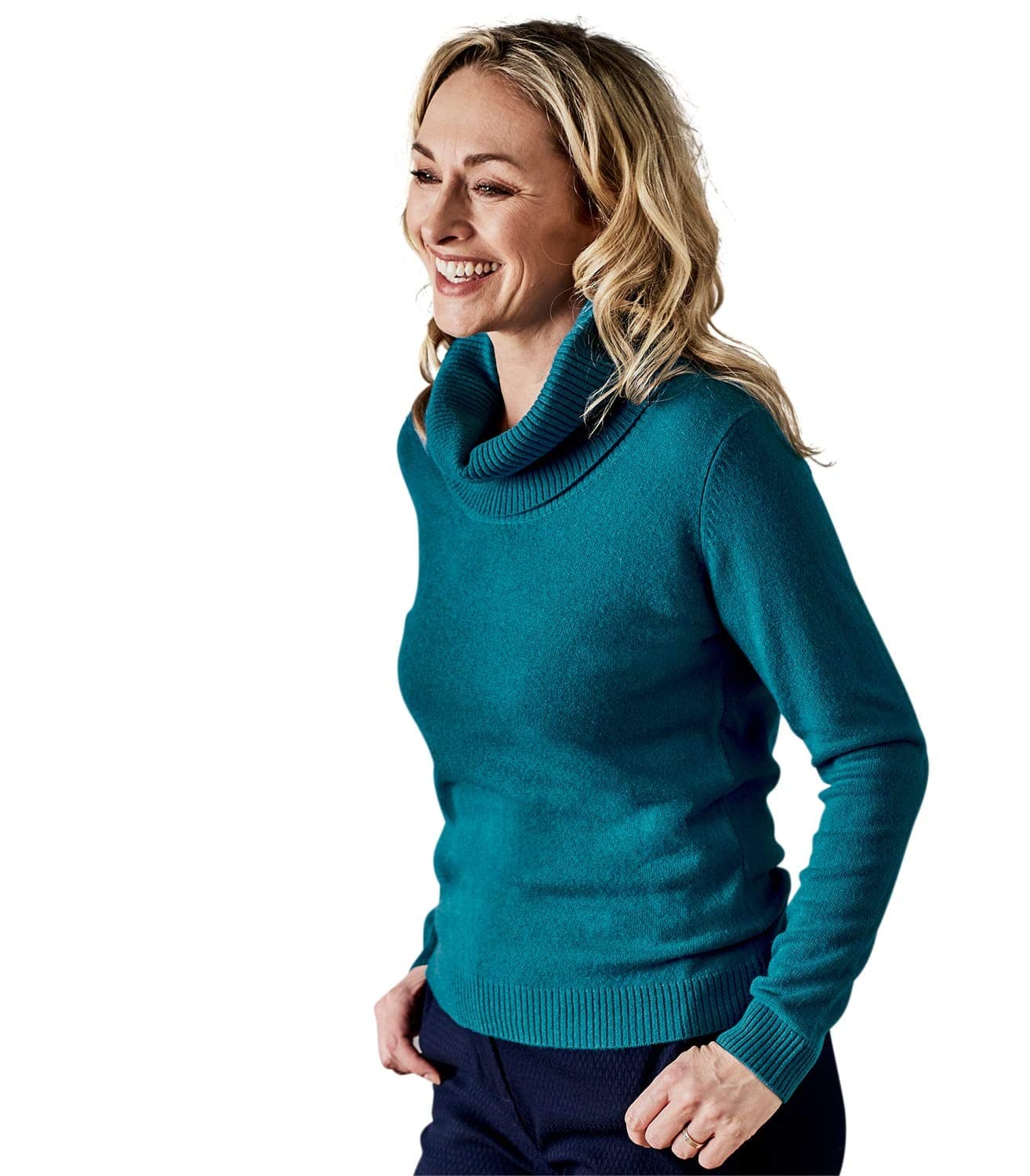 WoolOvers Womens New Cashmere Cowl Neck Knitted Sweater Teal, L