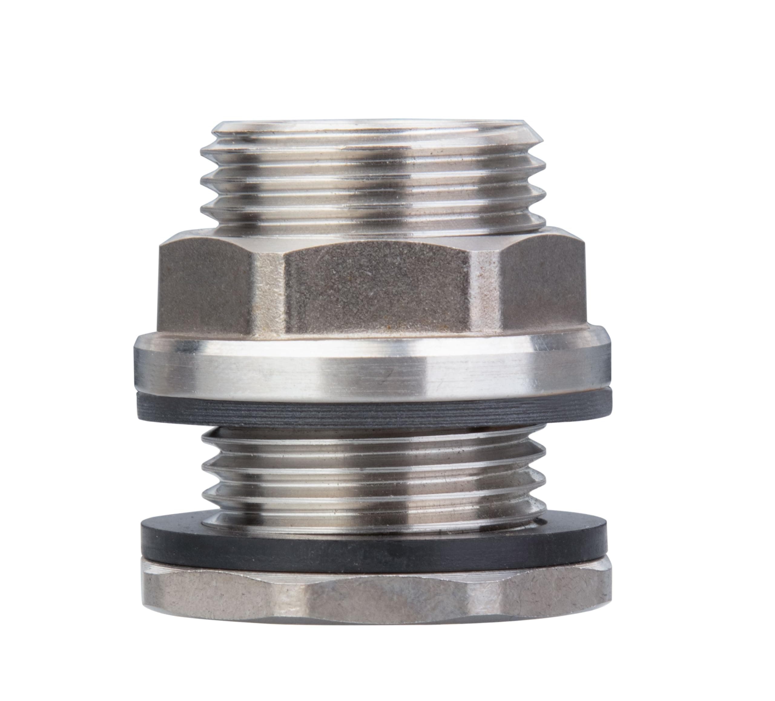 SSBF020 Stainless Steel 304 Bulkhead Tank Fitting (Double Female 1/2” NPT/FIP and Male 3/4" MHT Garden Hose Threaded, w/Step Gasket) (1)