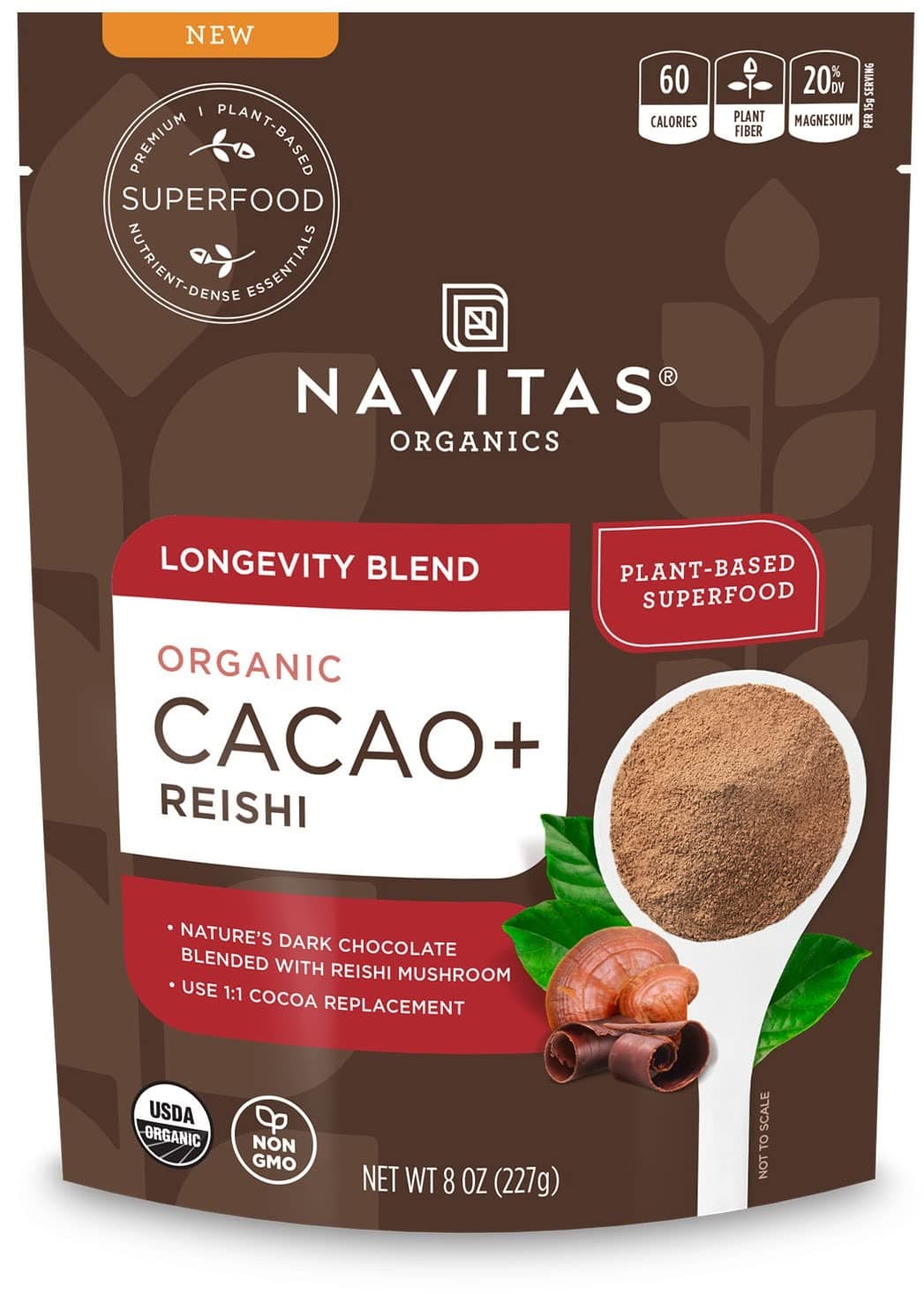 Navitas Organics Cacao+ Blend: Longevity (Cacao + Reishi), 8oz. Bag, 15 Servings — Organic, Non-GMO, Gluten-Free