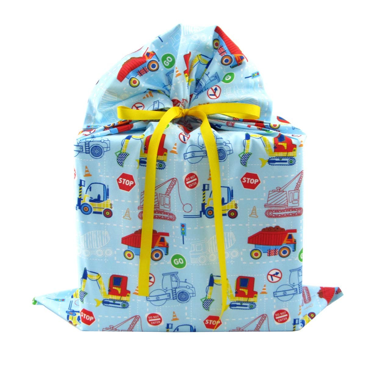 Construction Trucks Reusable Fabric Gift Bag for Child's Birthday or Baby Shower (Large 20 Inches Wide by 27 Inches High)