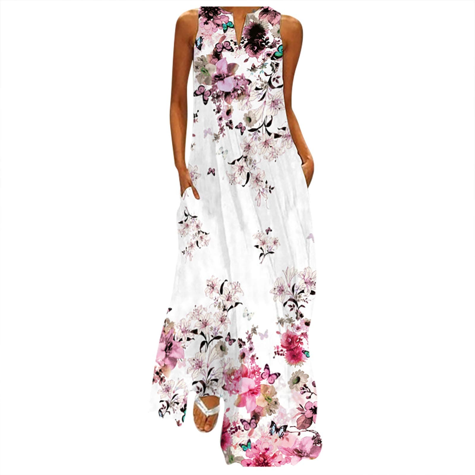 Women's Summer Sleeveless V Neck Loose Pot Butterfly Printed Maxi Dress Casual Long Dress with Pockets