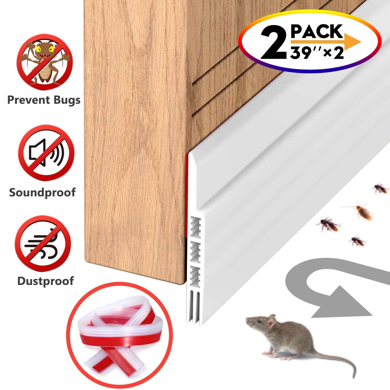Door-Draft-Stopper-Bottom Door-Gap-Cover Idealcraft Door Seal Self-Adhesive Prevent Bugs Noise Stopper Shower Weatherproofing Strip Garage Soundproof Door Bottom Stripping 39 inches (2 Packs Clear)
