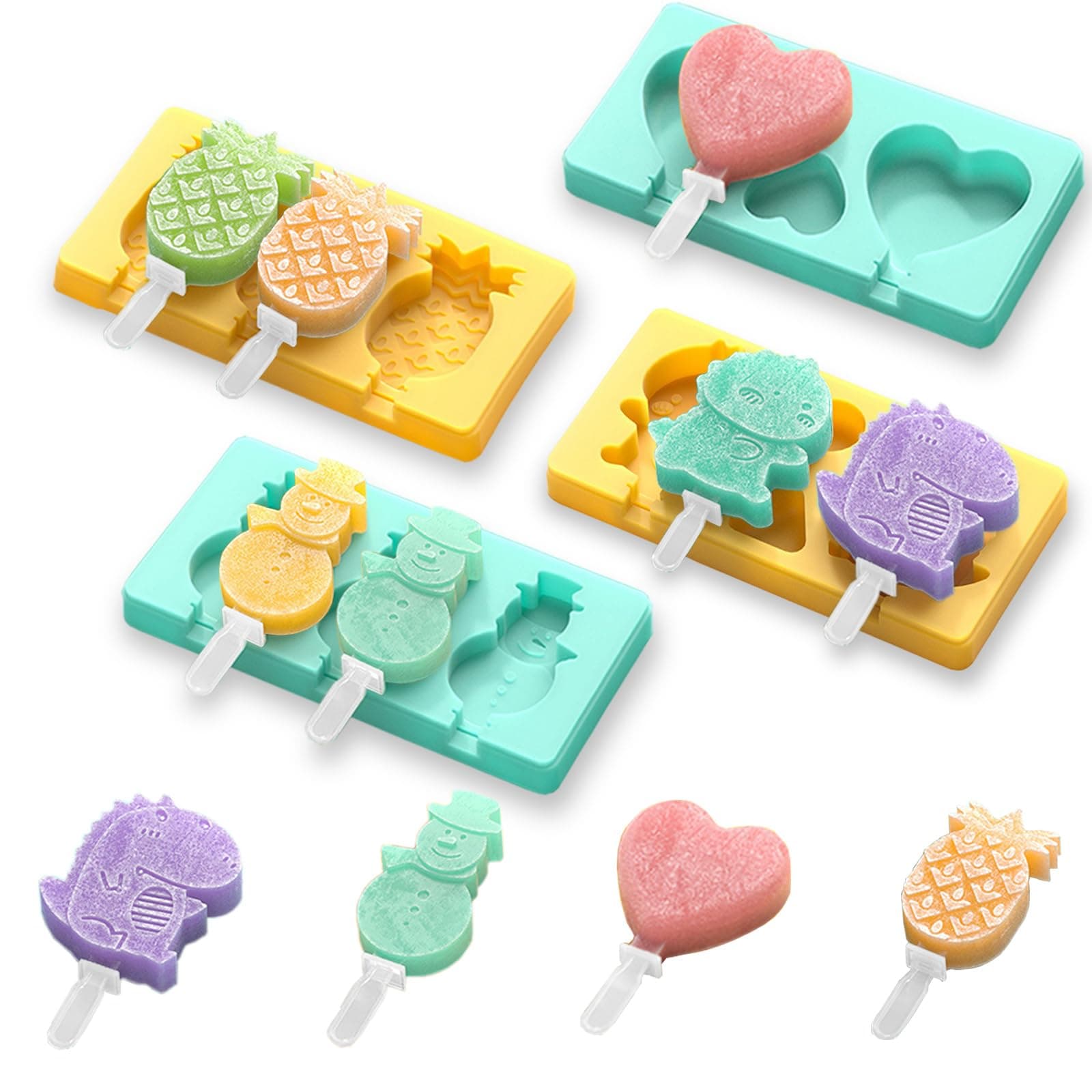 Kids Cartoon Popsicle Molds - 4 Pack, 10-Cavity Food-Grade Silicone Ice Pop Cream Molds, with Reusable Sticks, Non-Stick Flat Design, Easy Release, Stackable for Space Saving