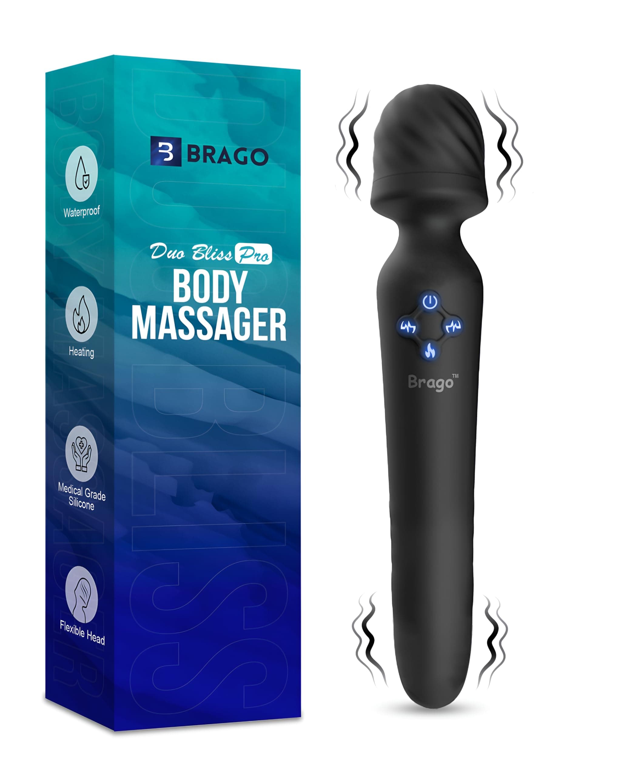Brago Duo Bliss Pro Body Massager | Dual Head Massager | Massager Machine for Pain Relief | Ultra Flexible, Heating, Waterproof, Rechargeable - Black