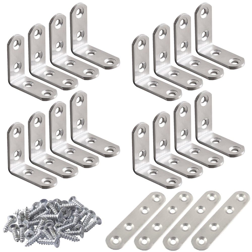 Finegood 20 Pcs Stainless Steel Corner Braces, 16 40 X 40Mm 90 Degree Right Angle L-Shaped Bracket Joint And 4 Plat Straight Braces Fastener For Wood Shelf Cabinet Chair Table, With 80 Screws