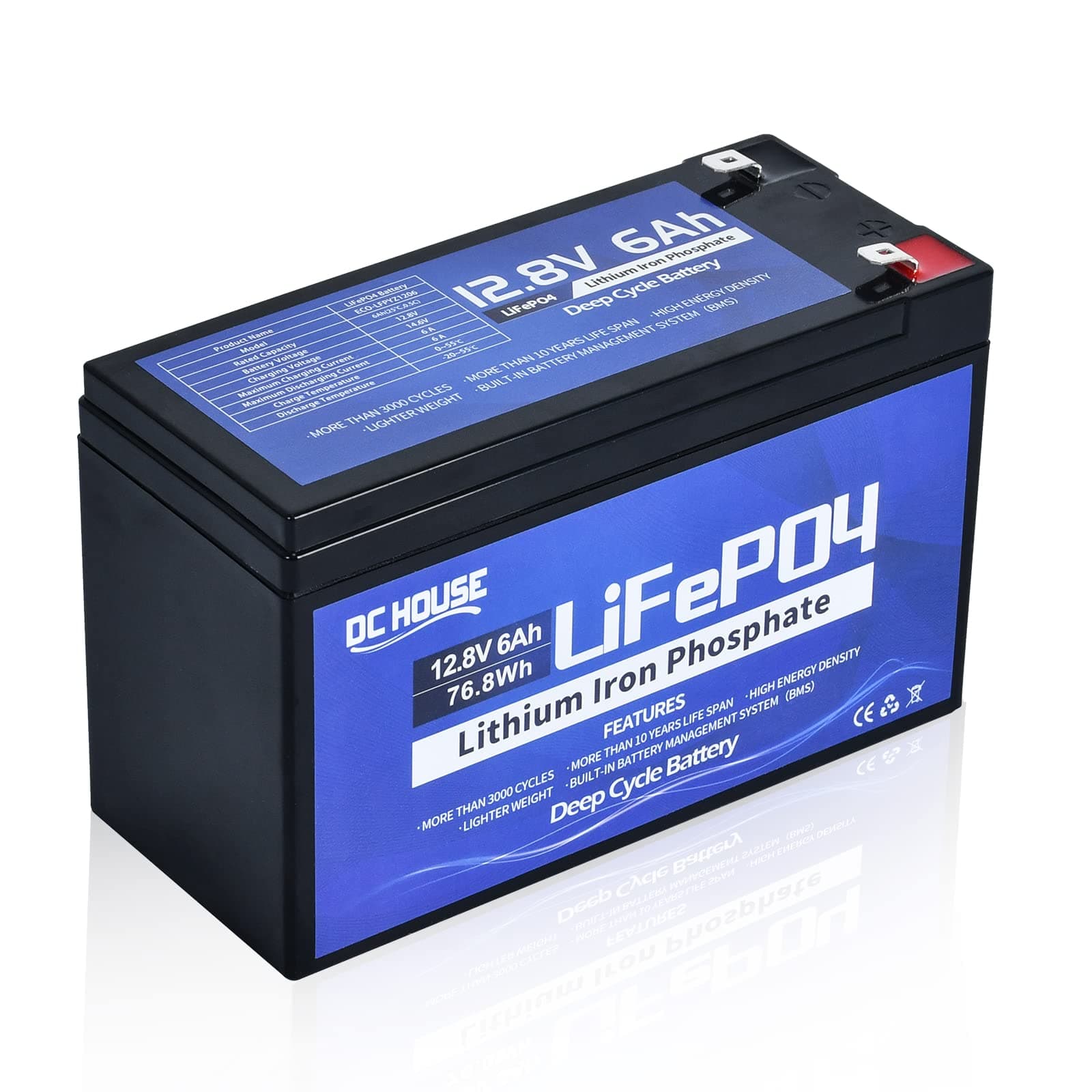 DC HOUSE 12V 6Ah Lithium Battery, Rechargeable LiFePO4 Battery with 3000+ Times Deep Cycles and BMS Protection for Fish Finder, Light
