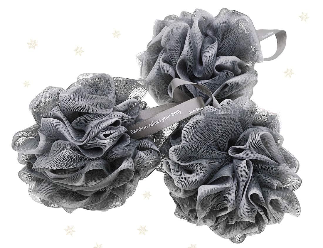 Bath Loofah Shower Sponge Ball Bamboo Charcoal Body Scrubber Exfoliating Ball Luxury Volakas White Grey Mesh Brush Ball Pack of 3 with a Hook(60g/pcs)