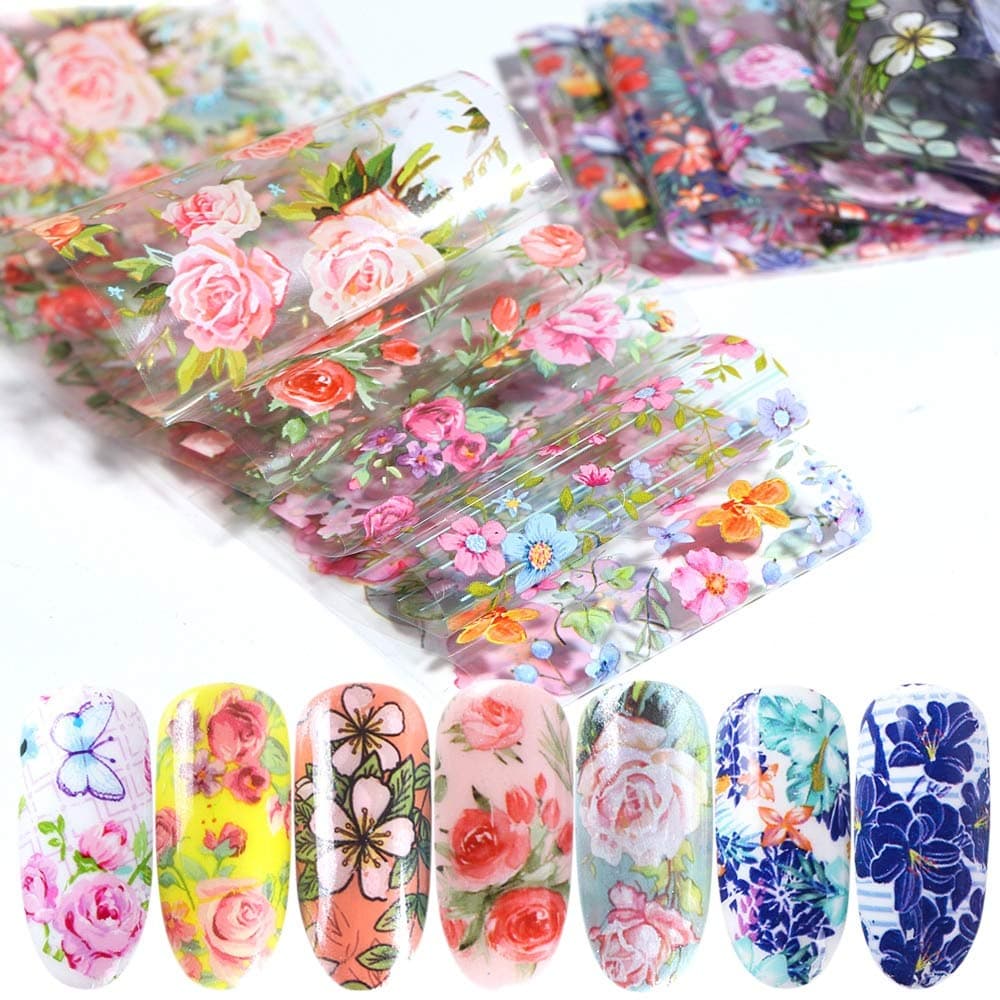 10pcs Nail Foil Polish Stickers Mix Rose Flower Transfer Foil Nails Decal Sliders For Nail Art Decoration Manicure Designs