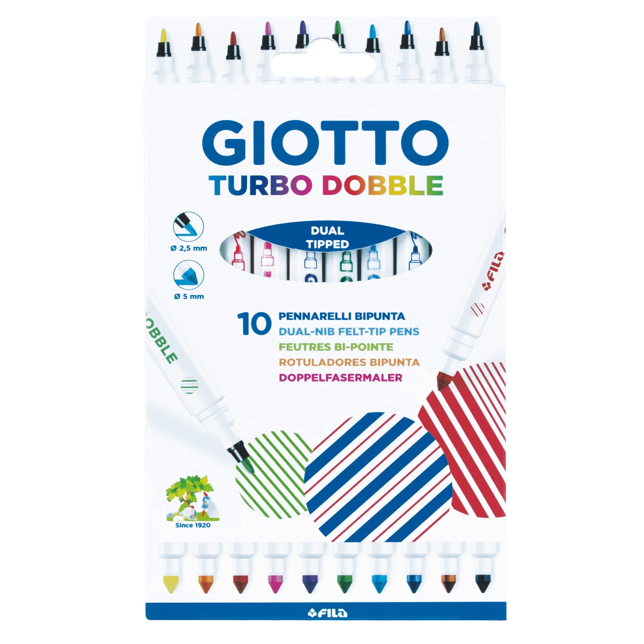 GIOTTO Turbo Dobble Dual Nip Felt Tip Fibre Pens, Fine & Conical Tip, 10 Assorted Colours, For Children, Parties and Schools