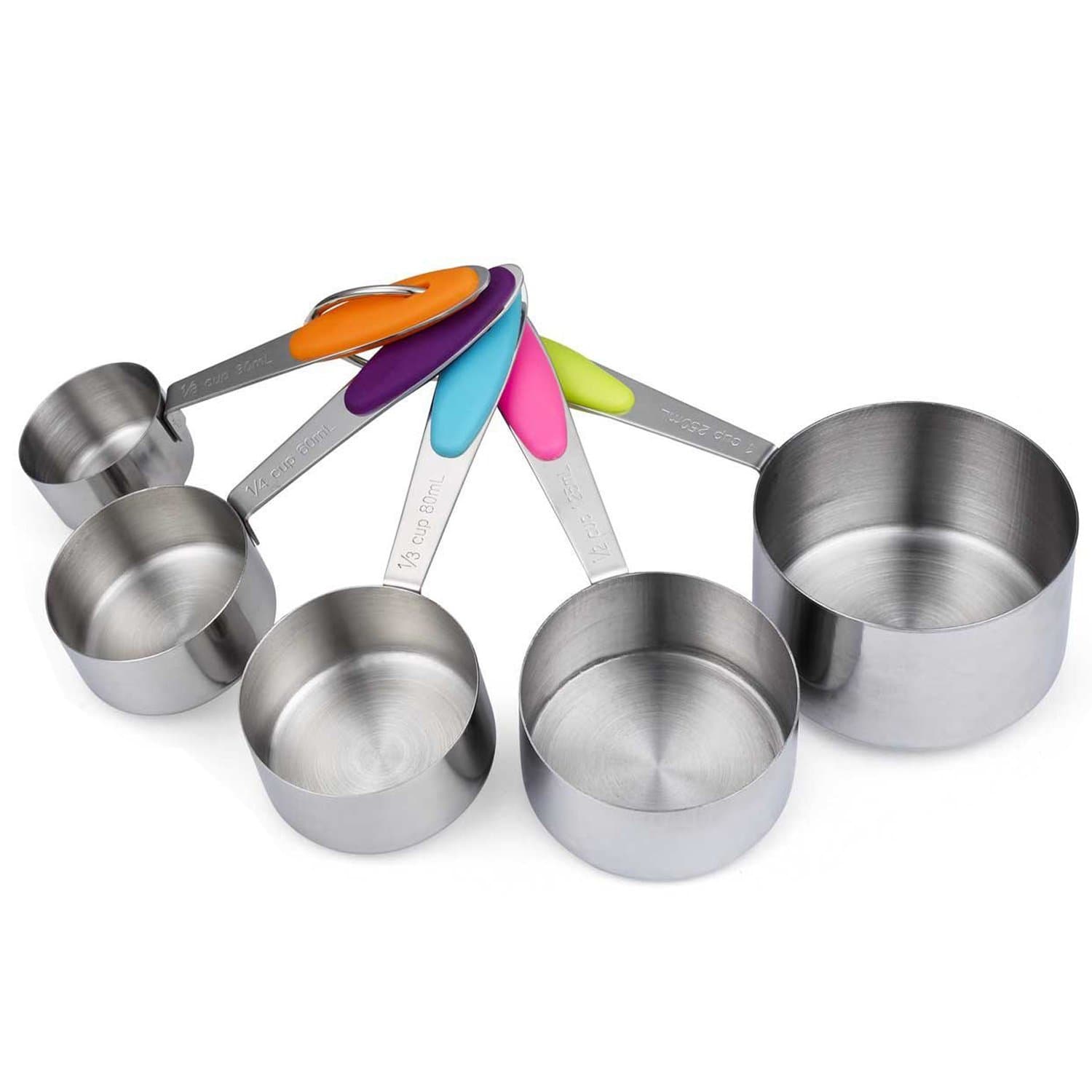 Cymax Set of 5 Stainless Steel Kitchen Cooking Baking Measuring Cups Measuring Spoon with Engraving Metric Measurement, Silicone Handle and Keychain