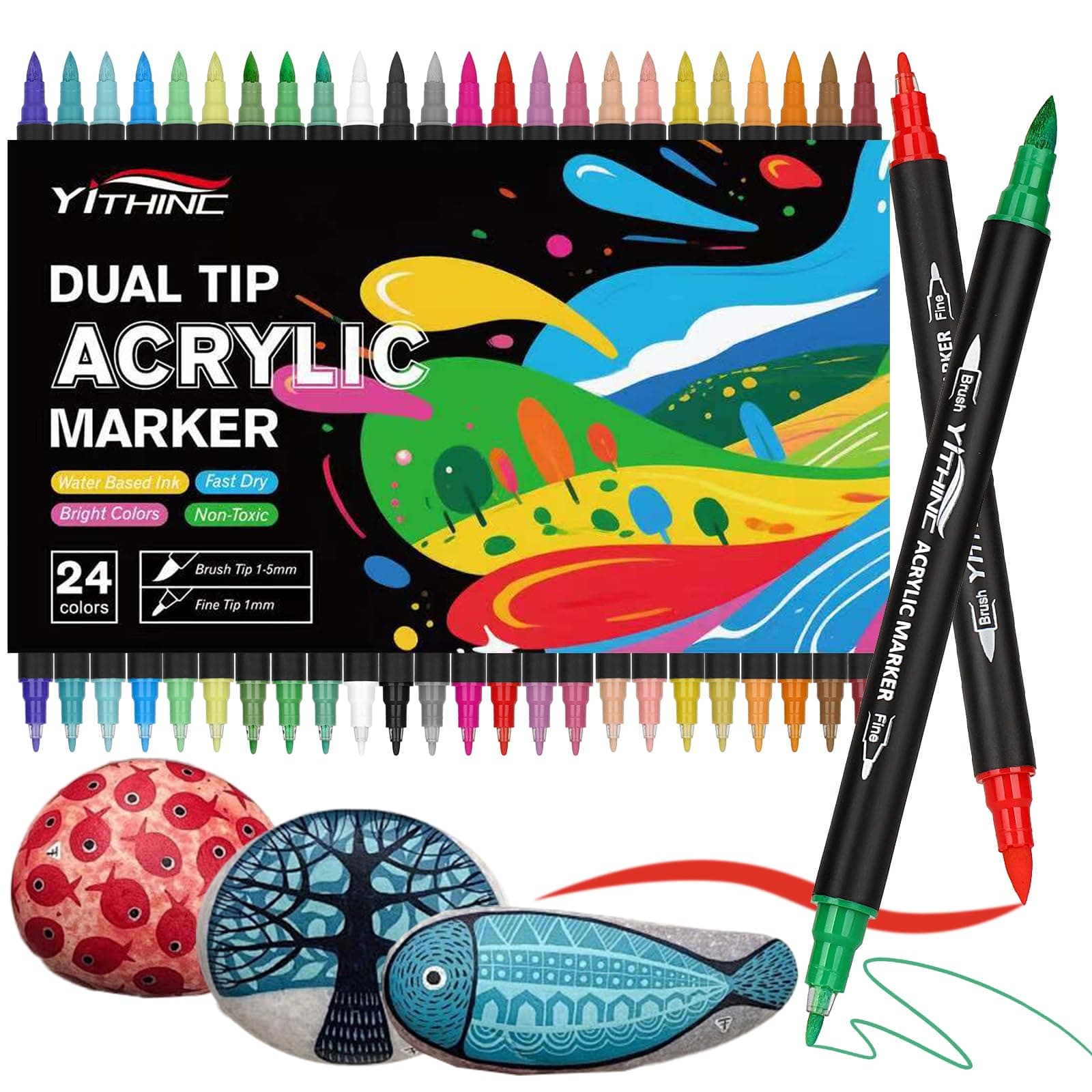 YITHINC Acrylic Paint Pens, Dual Tip Acrylic Markers for Rock Painting Stone Ceramic Metal Paper Glass Canvas Fabric Wood Porcelain Pebble, Easter Decoration & Crafts, Pumpkin Painting Kit (24 Colors)