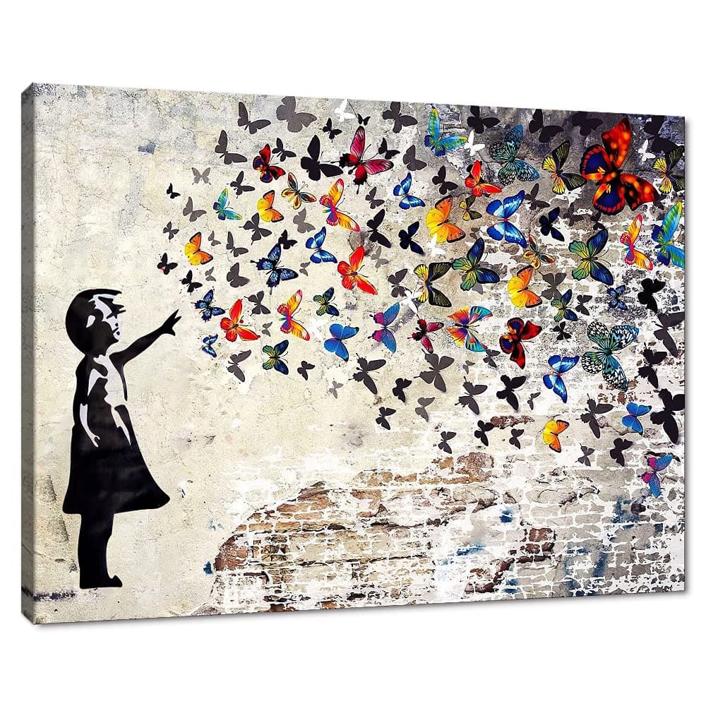 Graffiti Street Wall Art Banksy Painting Artwork Framed Girl with Butterfly Wall Decor Canvas Prints Street Art Picture for Kid Room Bedroom Ready to Hang 18" Wx24 H