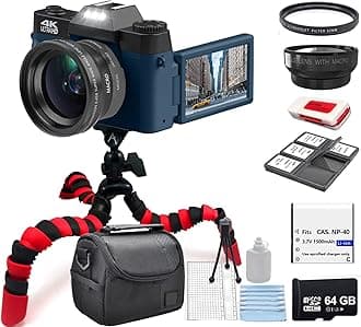 Acuvar 4K 48MP Digital Camera Kit for Photography, Vlogging Camera for YouTube with Flip Screen, WiFi, Wide Angle & Macro Lens, 64GB Micro SD Card, 12" Flexible Tripod, Carrying Case, Card Reader
