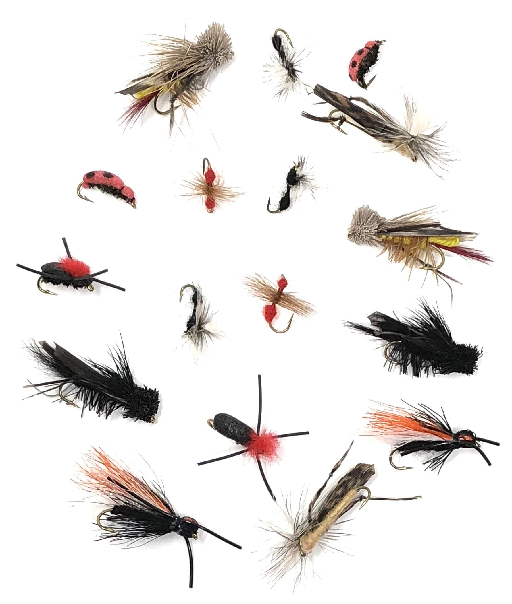Feeder Creek 16pc Terrestrial Fly Assortment - 8 Patterns in 2 Sizes Includes Hopper, Ants, Beetles, Cricket, Cicada and Lady Bug for Trout, Bass, Salmon and Other Freshwater Fish