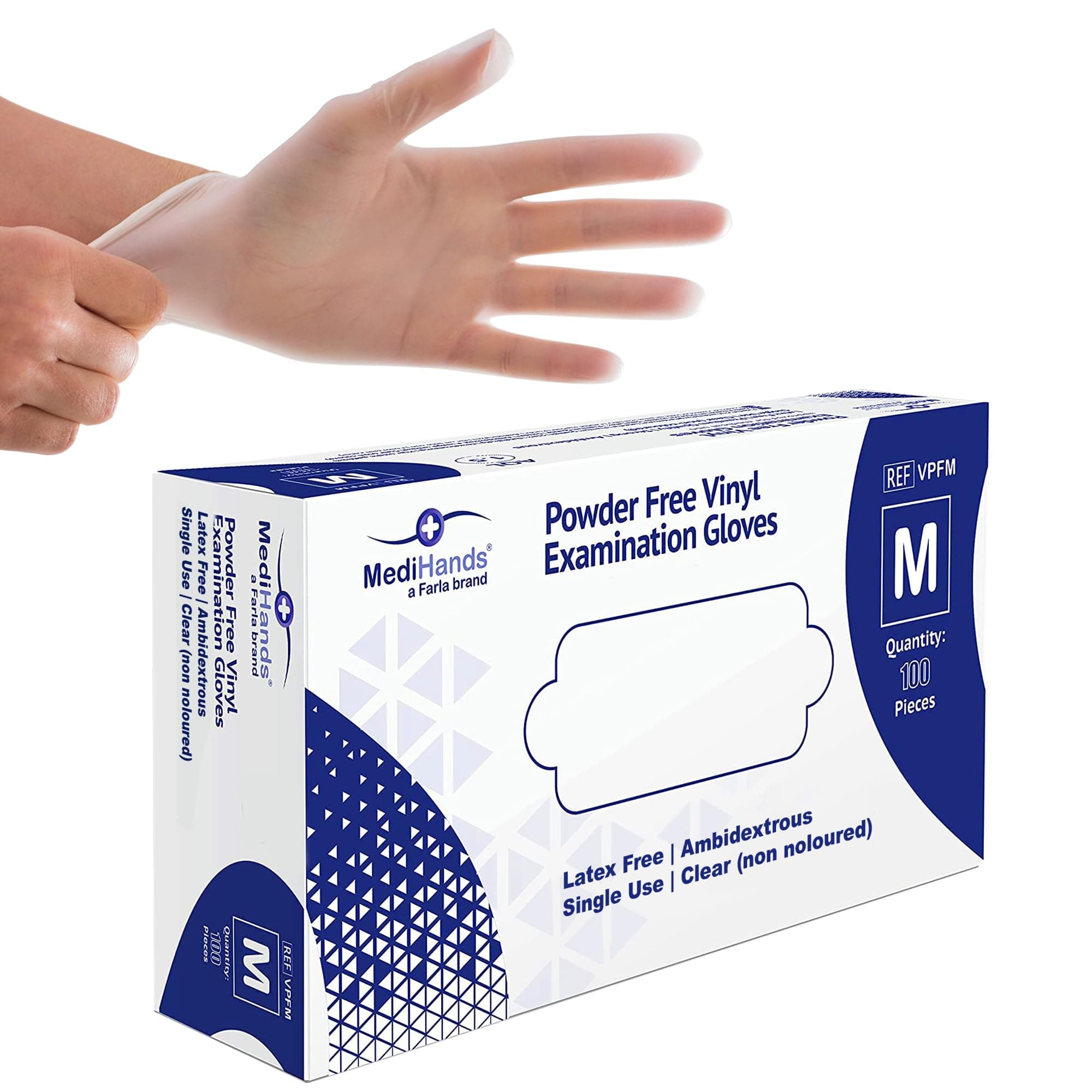 MediHands Clear Vinyl Powder Free Gloves | Food Safe | Disposable | Latex Free | Medium - Pack of 100