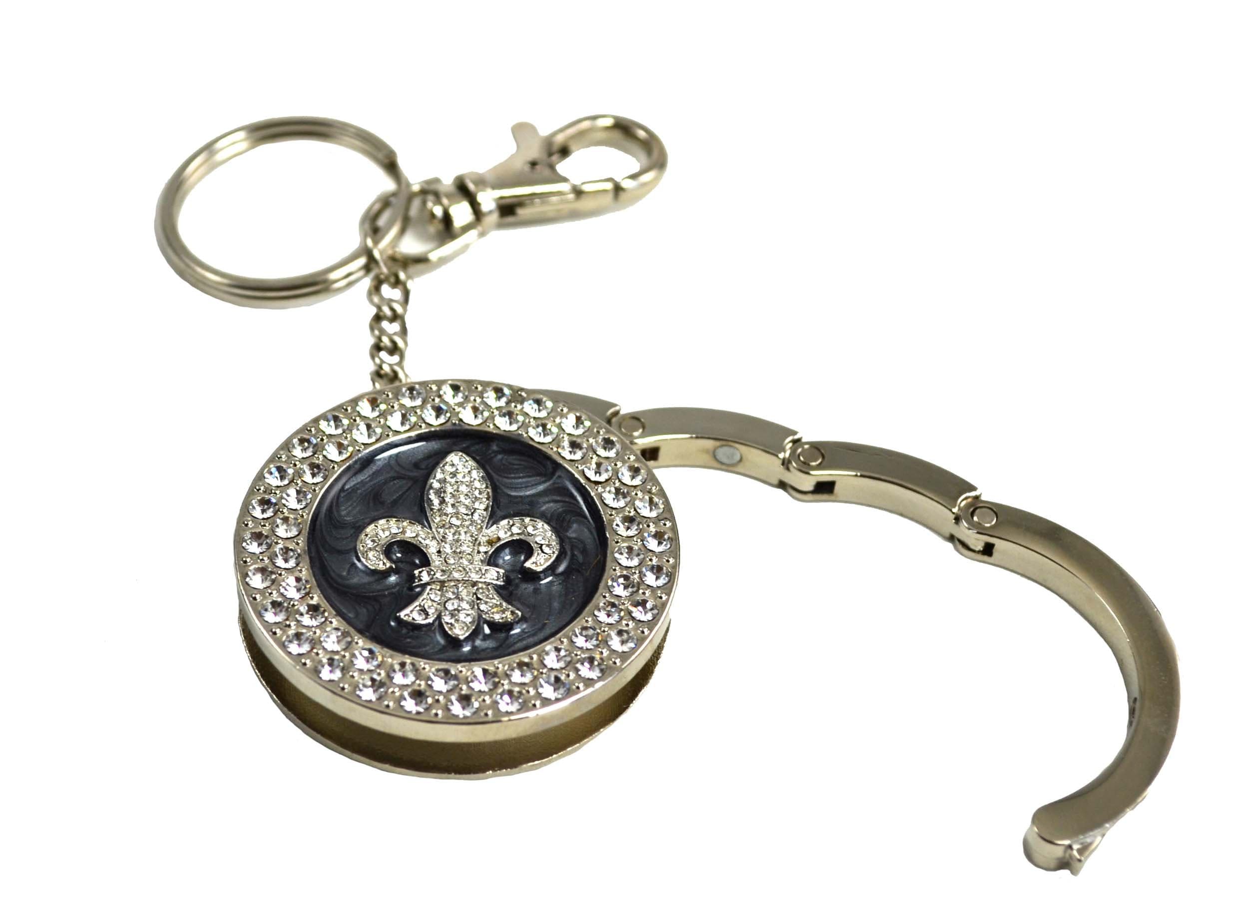 Fleur De Lis , Clear Rhinestone & Silver Tone Metal With Black Accent Round Collapsible Purse Hanger & Key-chain