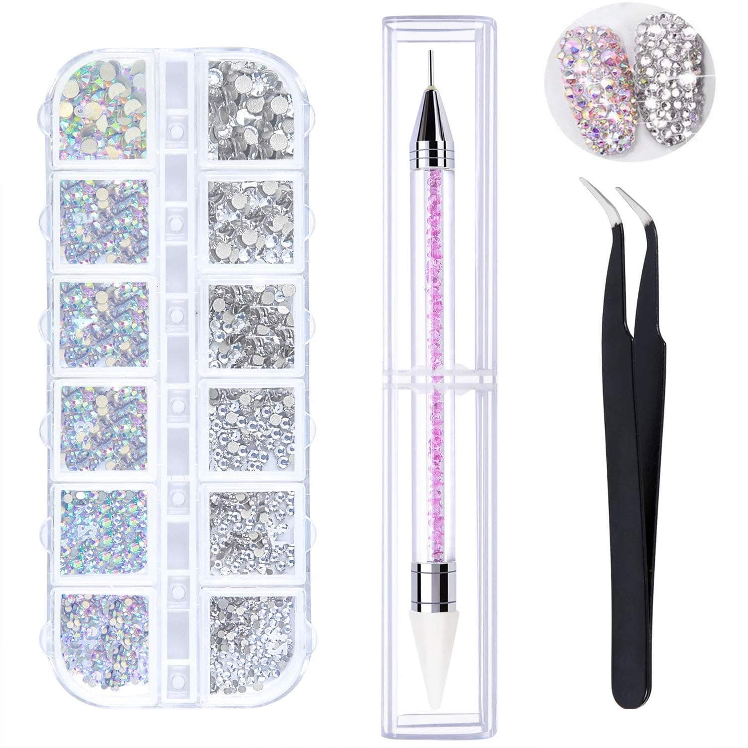 LATERN 1500 Pieces AB Crystal Nail Art Rhinestones and Clear Crystal Rhinestones 6 Sizes (1.5-3.8 mm) with Pick Up Tweezer, Rhinestone Picker Dotting Pen