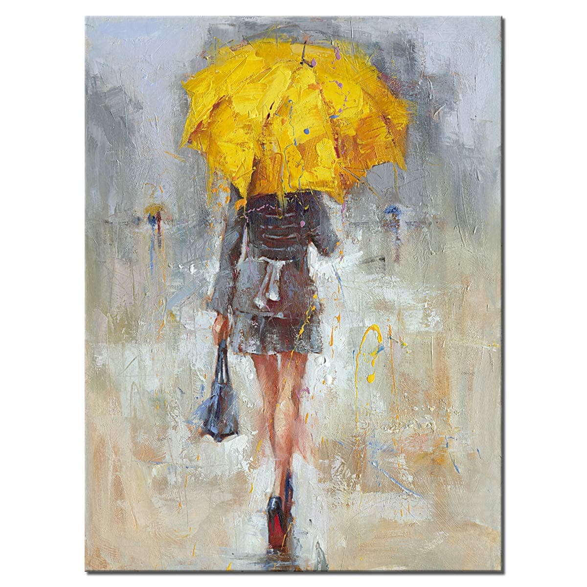 Abstract Canvas Painting A Rainy Walk Girl with Yellow Umbrella Wall Art Modern Artwork for Office Home Decoration