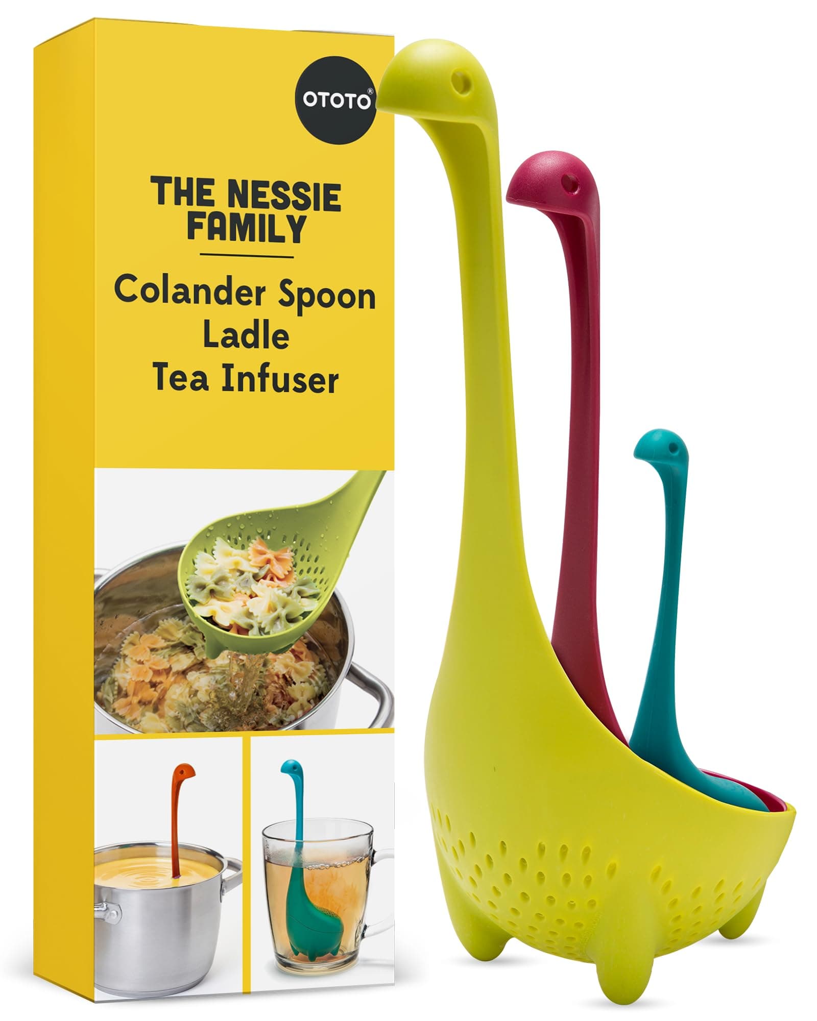 The Nessie Family by OTOTO - Pack of 3 Tea Infuser, Soup Ladle, and Colander - Cute Kitchen Accessories, Cooking Gifts, Funny Kitchen Gadgets, Kitchen Gifts