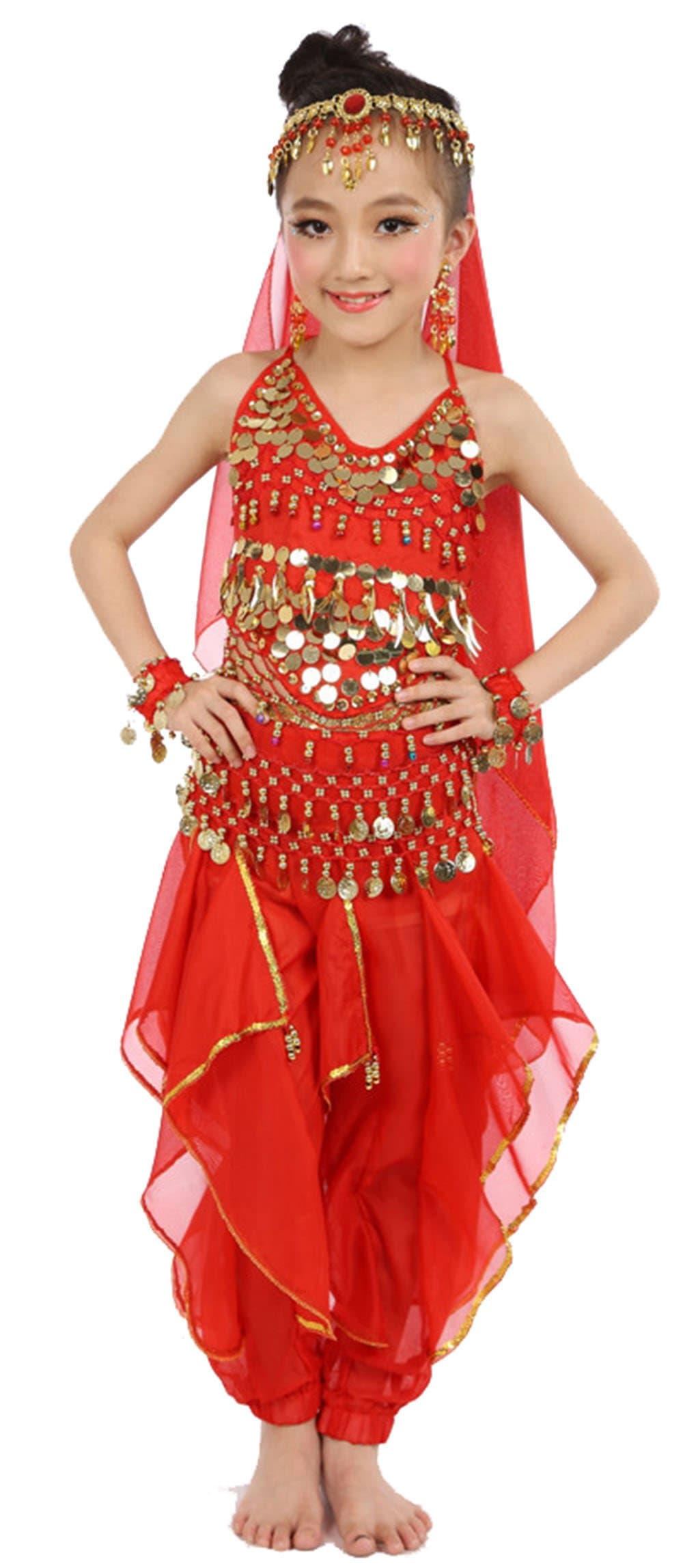 Kids Girls Belly Dance Halter Top Pants Costume Set Halloween Outfit with Head Veil Waist Chain and Bracelets