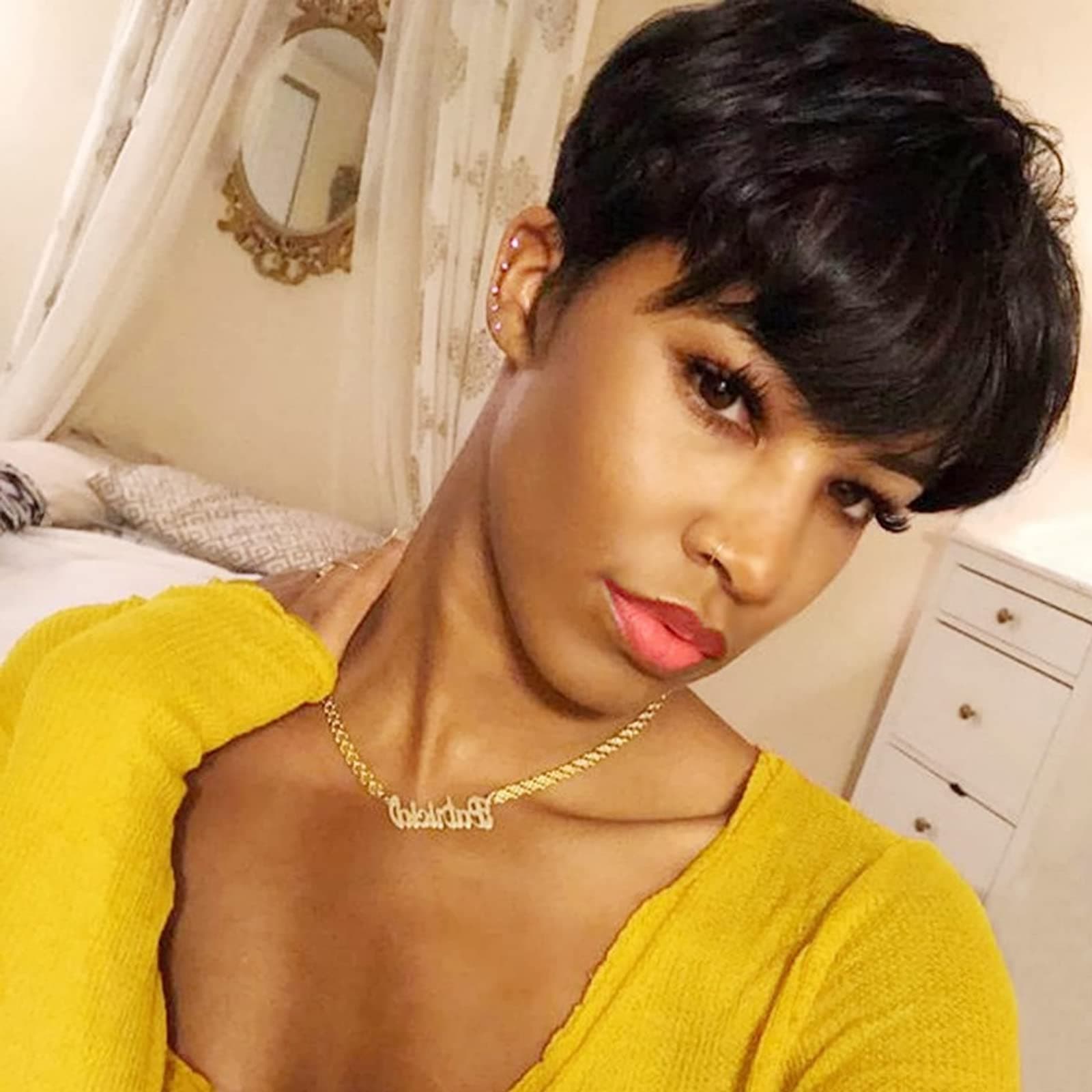 Creamily Pixie Cut Wig Human Hair Short Pixie Cut Wigs for Black Women Human Hair Glueless pixie Wig Layered None Lace Front Wig with Bangs Natural Straight Full Machine Made Wig 1B Color
