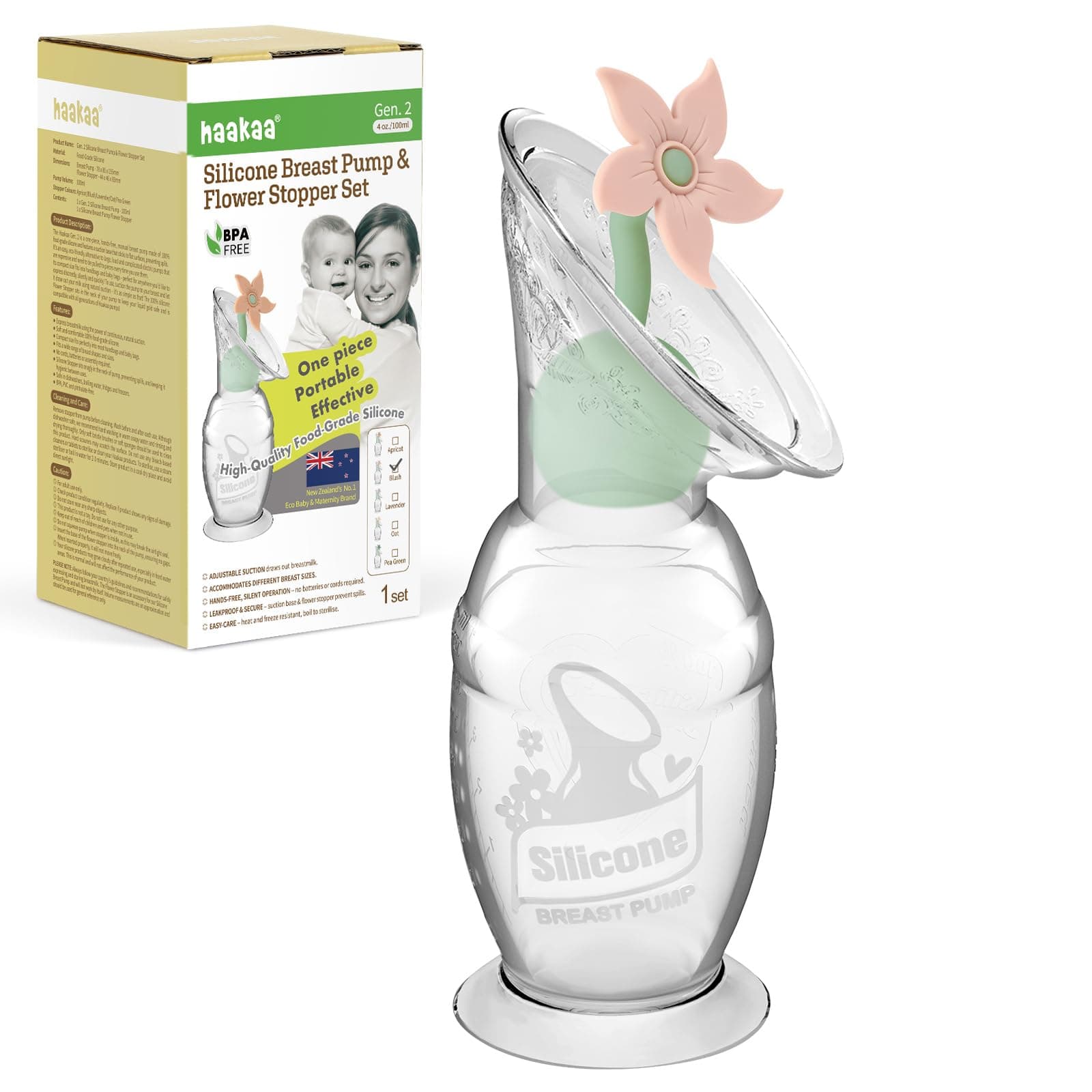 haakaa Manual Breast Pump with Flower Stopper Set, Gen.2 Silicone Hand Pump with Suction Base, BPA Free (4oz/100ml, Blush)