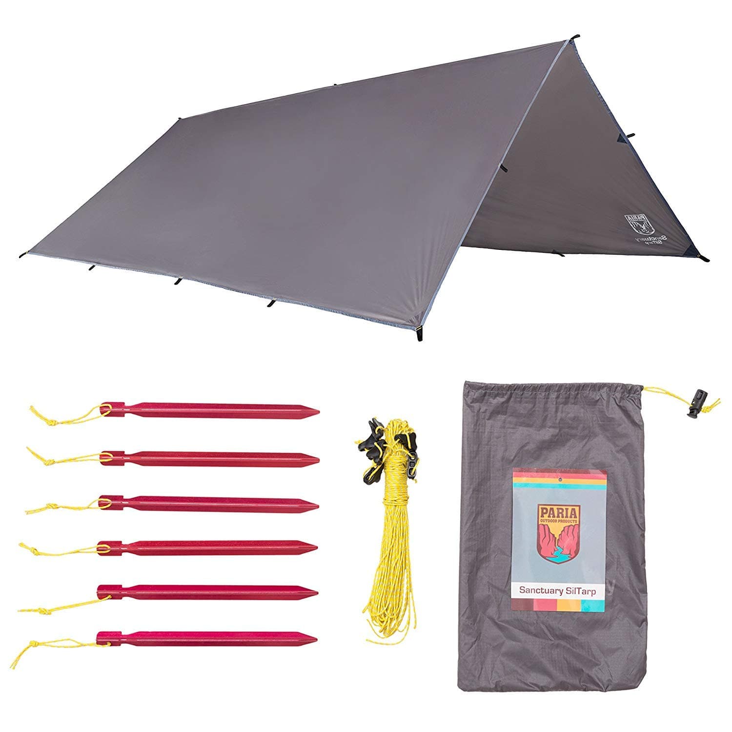 Paria Outdoor Products Sanctuary SilTarp - Ultralight Waterproof Ripstop Silnylon Rain Shelter/Sunshade Tarp, Guy Line and Stake Kit - Perfect for Camping (365 x 305 cm - Hex Cut)