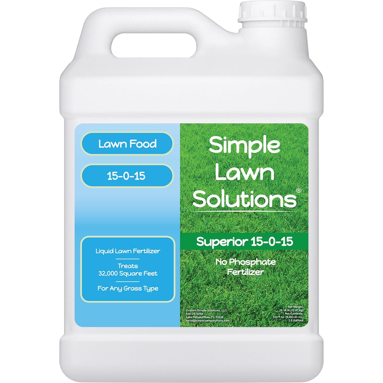 Superior Nitrogen & Potash 15-0-15 NPK- Lawn Food Natural Liquid Fertilizer - Concentrated Spray- Any Grass Type- Simple Lawn Solutions Green, Grow, Health & Strength- Phosphorus-Free (2.5 Gallons)