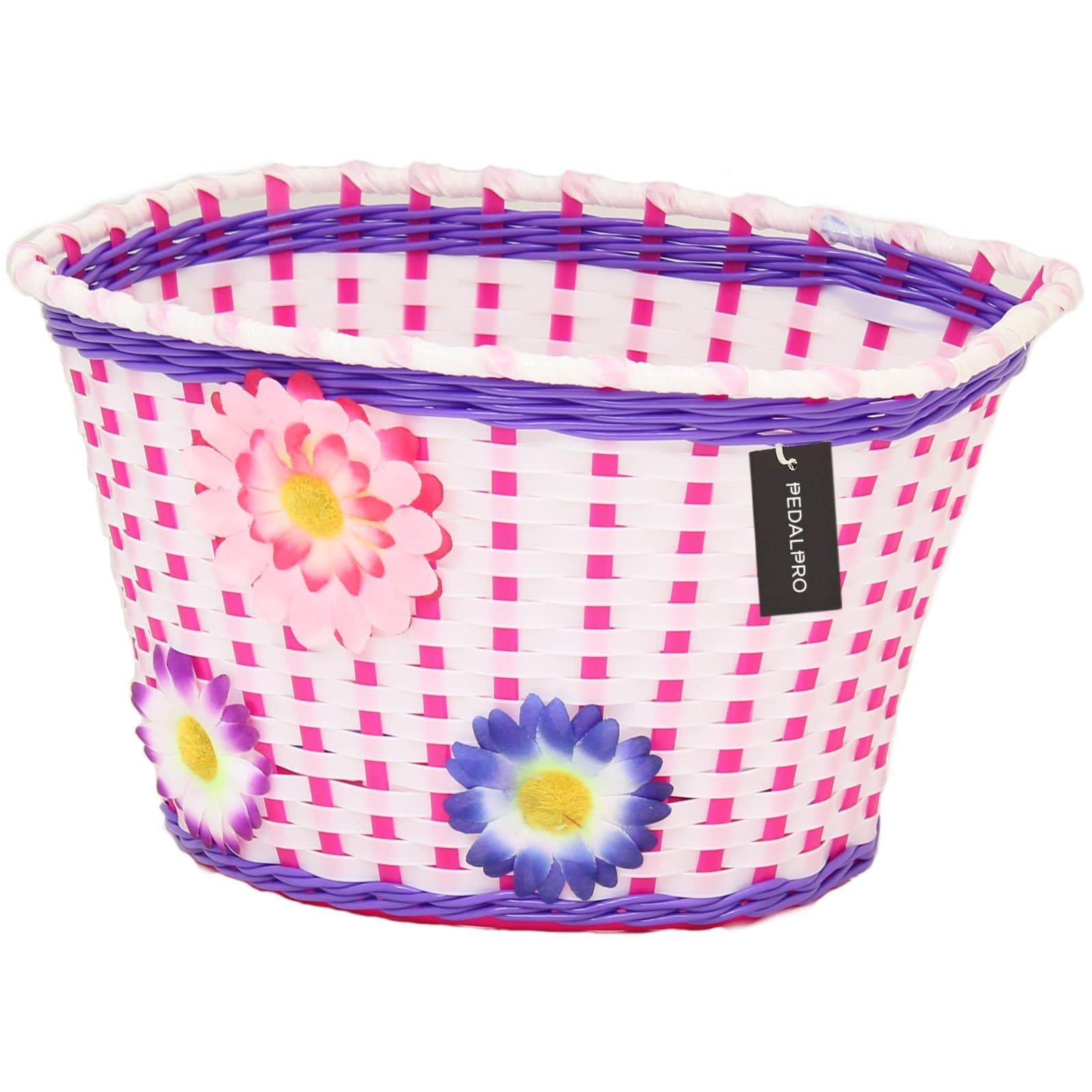 PedalPro Flowery Childrens Bicycle Basket - White, Pink and Purple