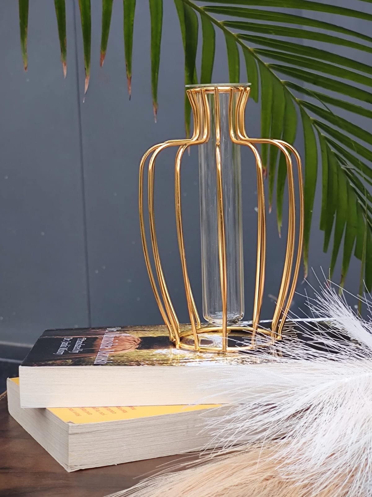 SATYAM KRAFT 1 Pcs Metal Vase for Home Decor,Living Room,Bedroom,Office,Table Centerpiece,Propagation Station with Metal Frame,Test Tube Glass Items Vase for Flower Pot(Only Vase,No Flower),Gold