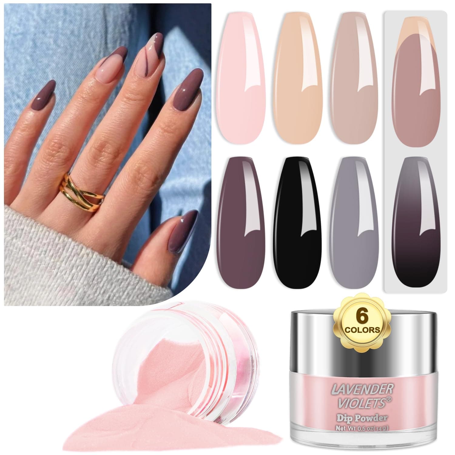 Lavender Violets 14g x 6 colours Dip Powder French Nail Art Light Pink Coffee Nude Grey Black All Season Warm Colour Manicure Dipping Nail Powder Large Capacity DIY Salon Design J210