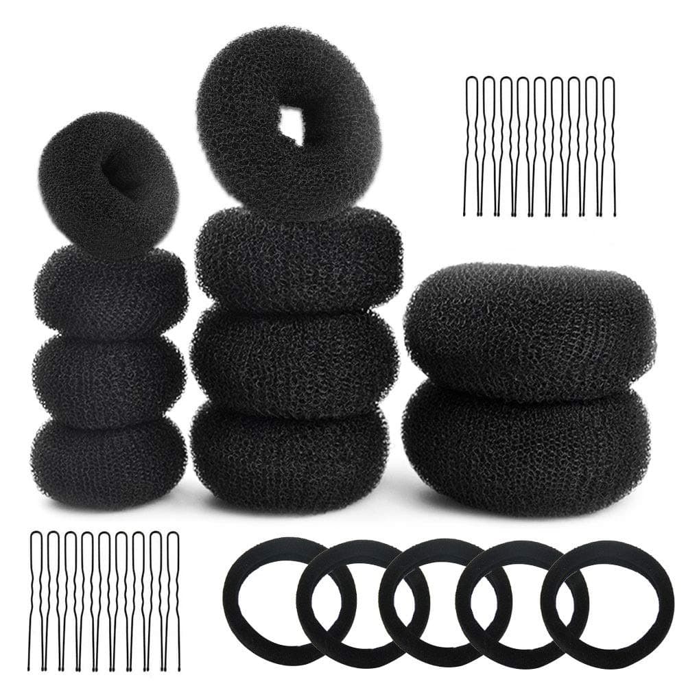 GOLRISEN Donut Hair Bun Maker Set,Black Bun Shaper,Hair Styling Accessory Dount Ring Style 10pcs Chignon Bun Maker (2L/4M/4S) with Hair Elastic Bands and Hair Bobby Pins for Dance Ballet