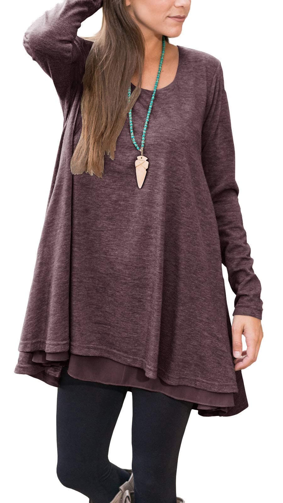 Floral Find Women Long Sleeve A-line Tunic Top Scoop Neck Loose Fit Blouse Shirt Flowy Layered Hem