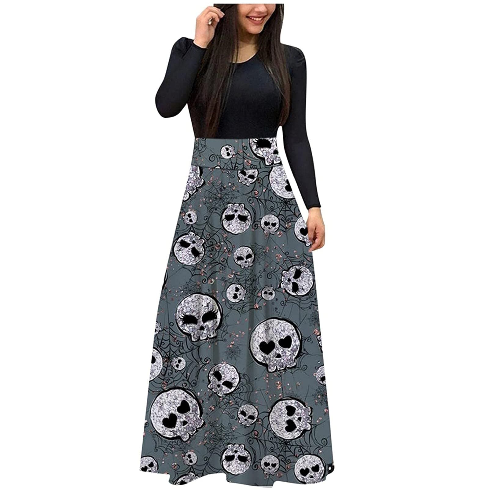 HRSTUYL Fall Dresses for Women 2022, Floral/Halloween Printed Long Sleeve Loose Fit High Waist Splice Maxi Plus Size Dresses