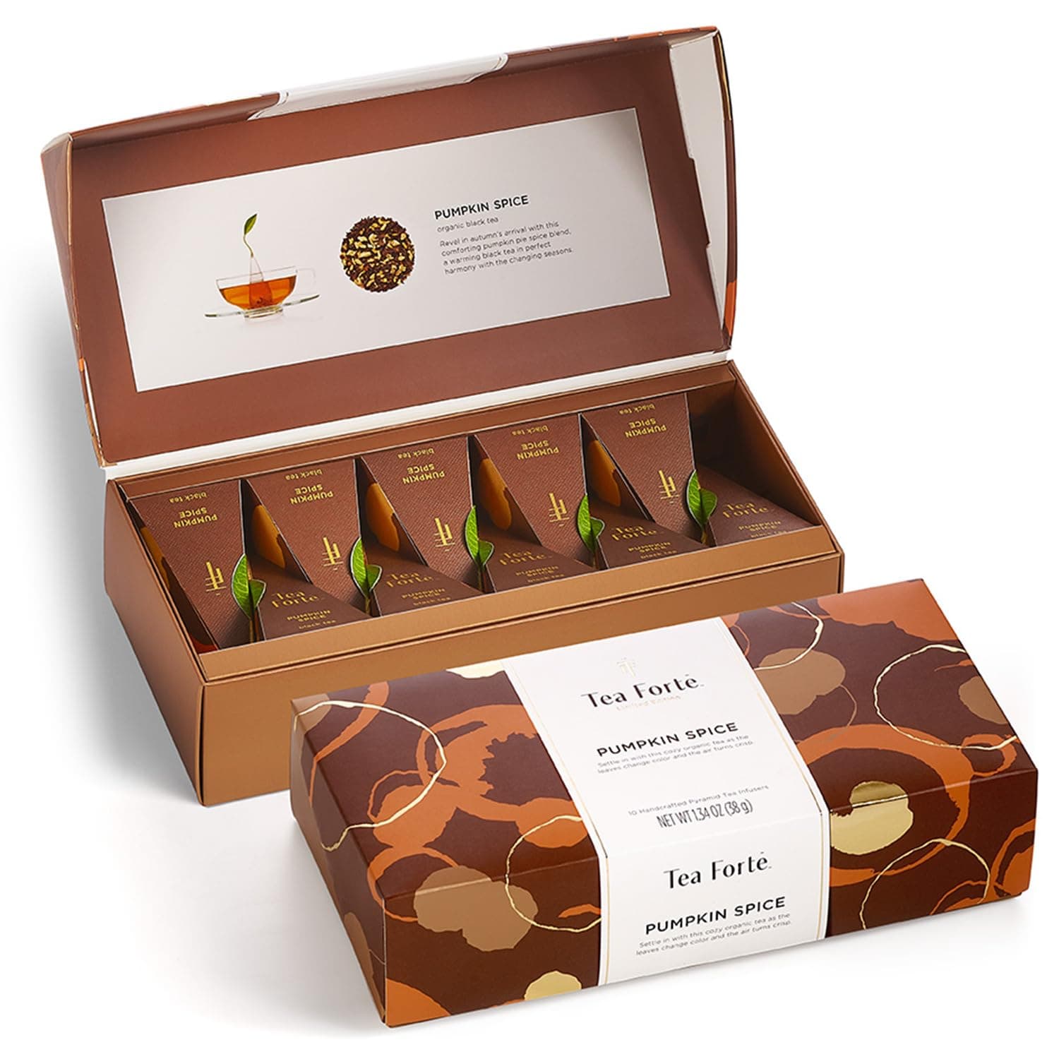 Pumpkin Spice Black Tea Petite Presentation Box Tea Gift Set Sampler, 10 Individually Wrapped Handcrafted Pyramid Infuser Bags